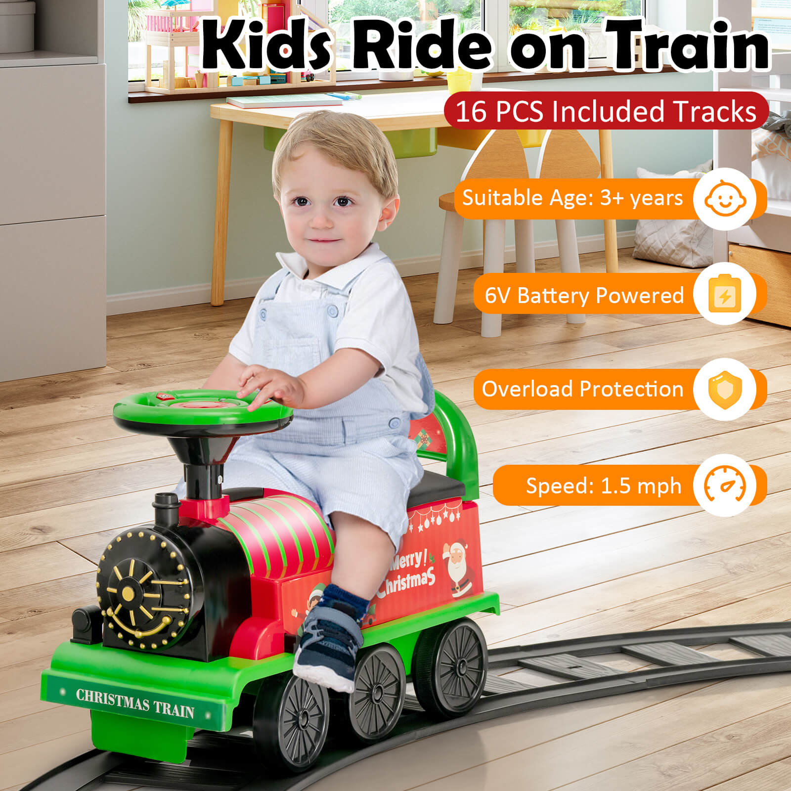 6V Electric Kids Ride On Car Toy Train with 16 Pieces Tracks, Green Powered Ride On Toys   at Gallery Canada