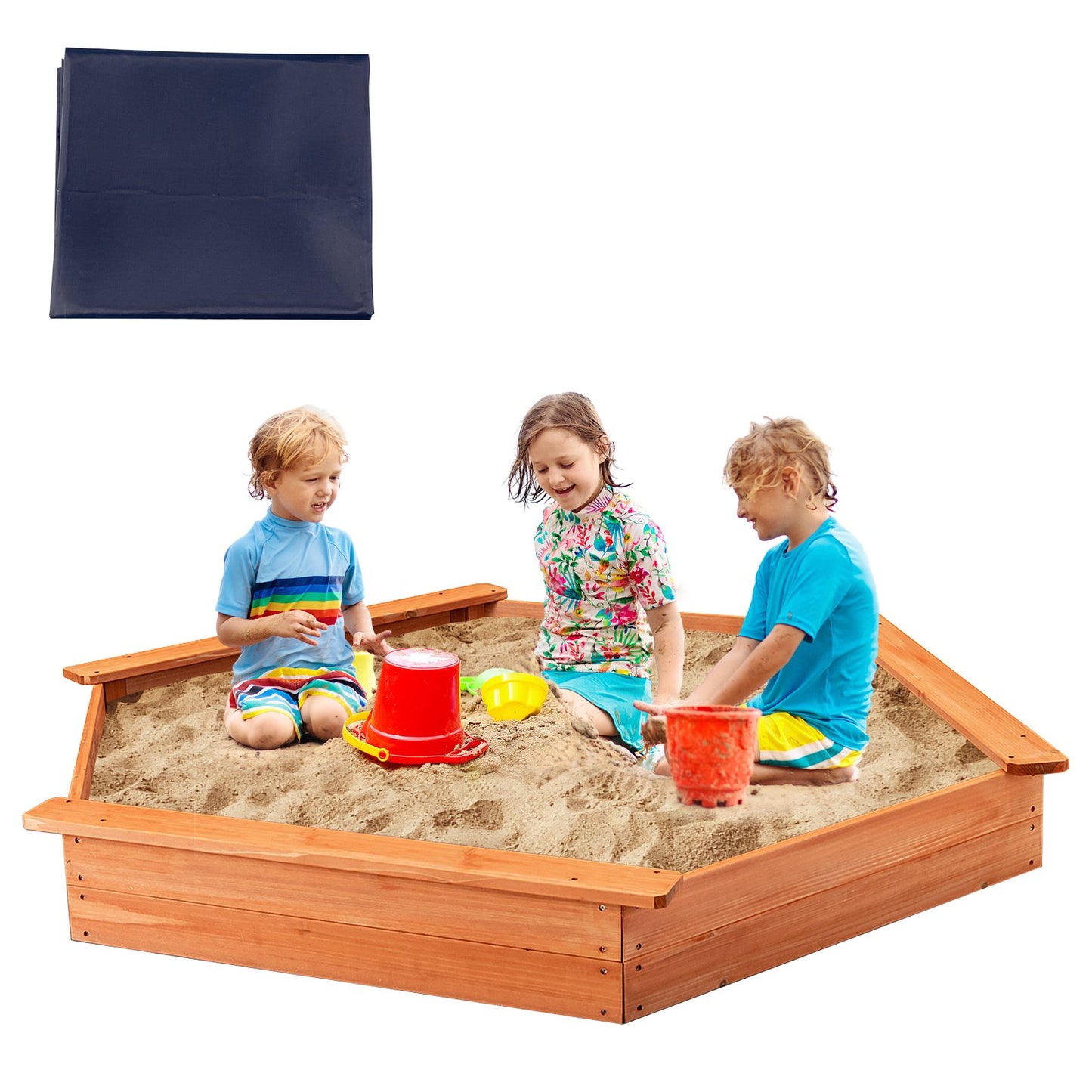 Hexagon Wooden Cedar Sand Box with Seat Boards, Brown Sandboxes   at Gallery Canada