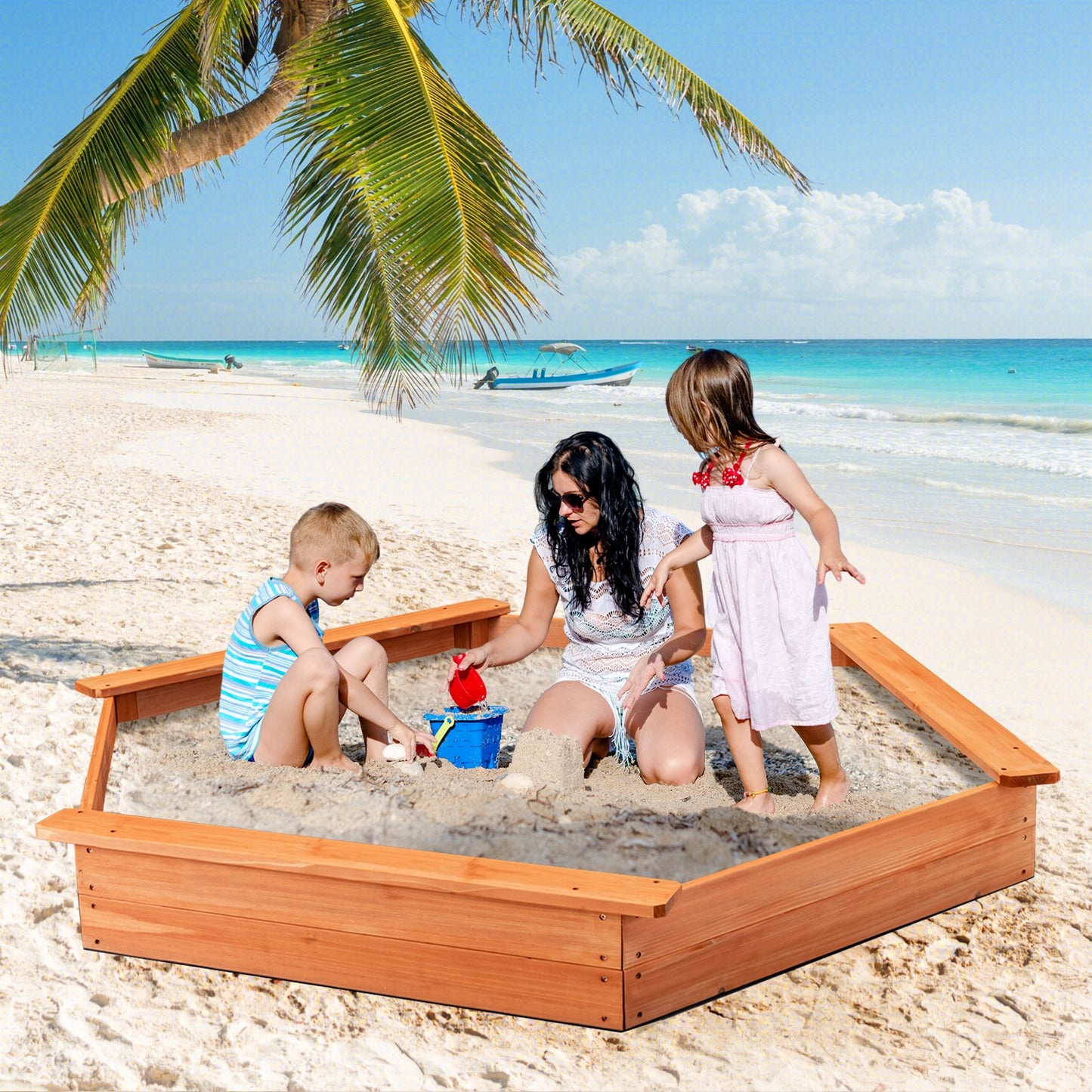 Hexagon Wooden Cedar Sand Box with Seat Boards, Brown Sandboxes   at Gallery Canada