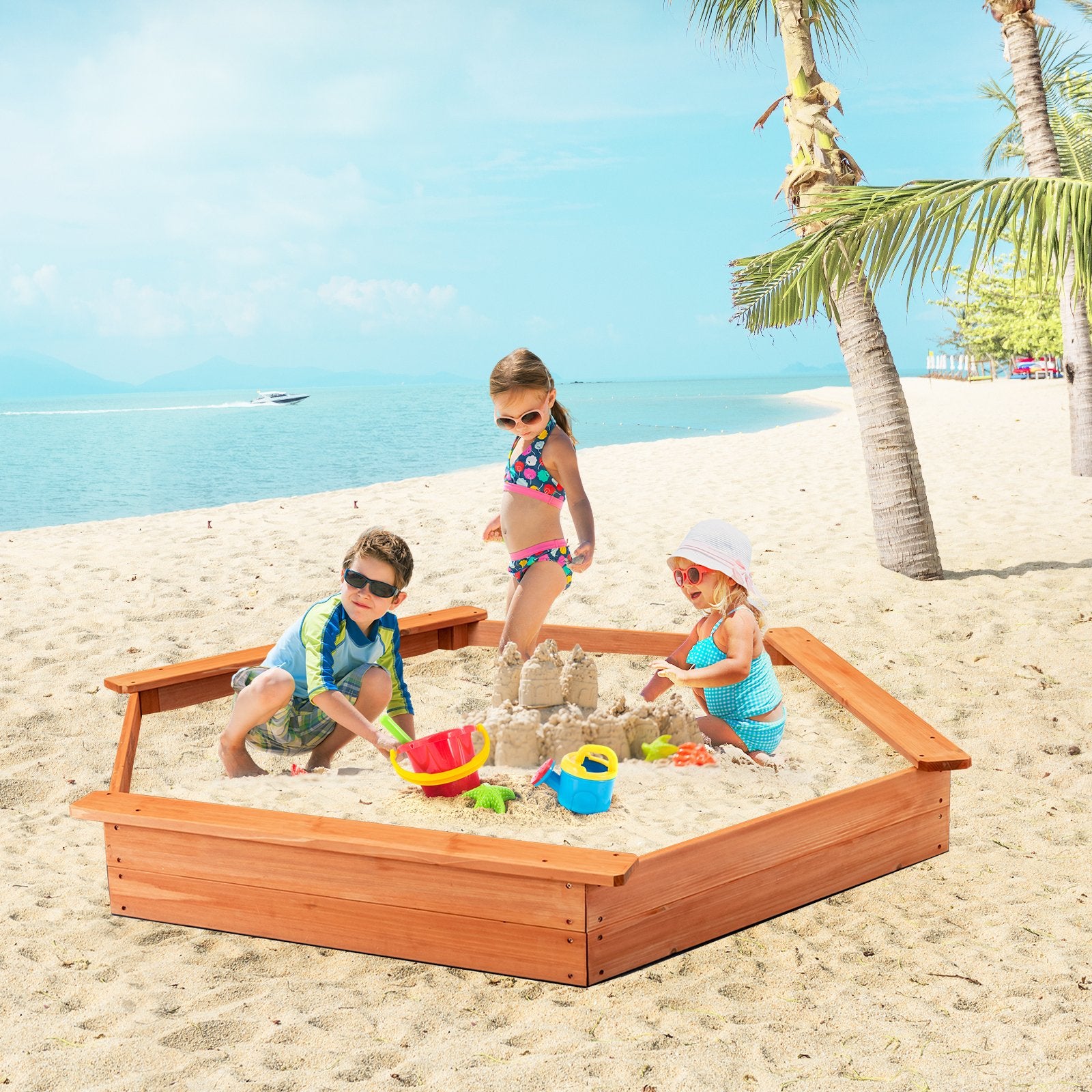 Hexagon Wooden Cedar Sand Box with Seat Boards, Brown Sandboxes   at Gallery Canada