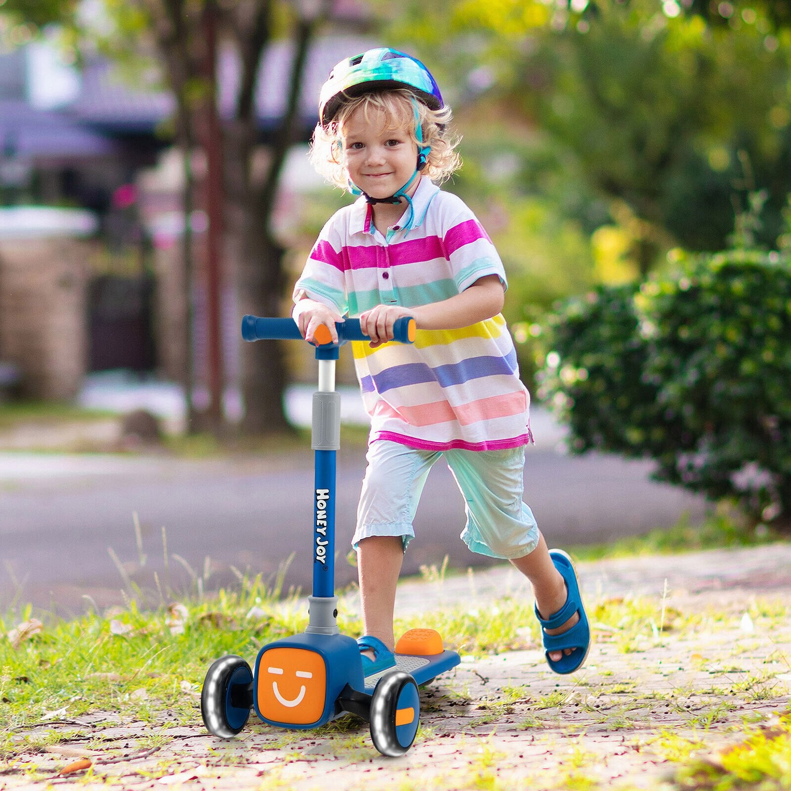 Folding Adjustable Kids Toy Scooter with LED Flashing Wheels Horn 4 Emoji Covers, Blue - Gallery Canada