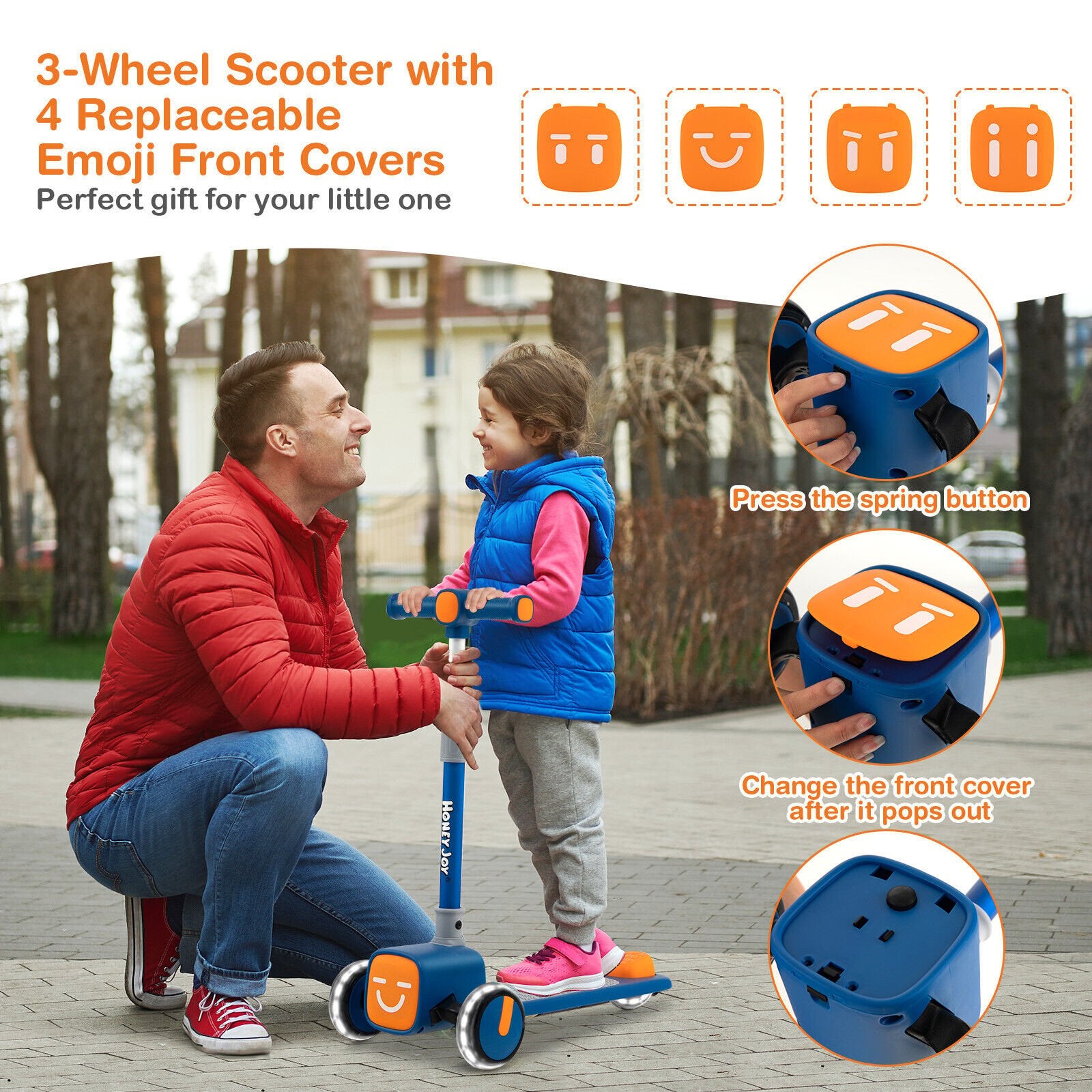 Folding Adjustable Kids Toy Scooter with LED Flashing Wheels Horn 4 Emoji Covers, Blue Scooters   at Gallery Canada