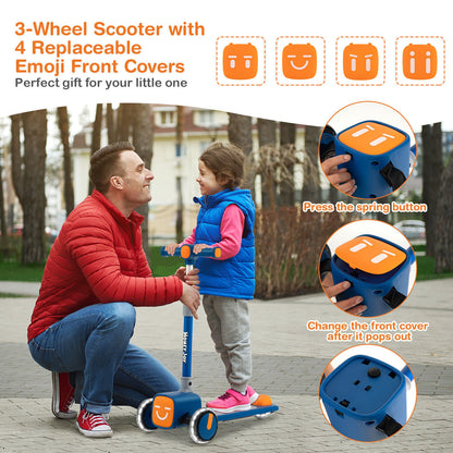 Folding Adjustable Kids Toy Scooter with LED Flashing Wheels Horn 4 Emoji Covers, Blue - Gallery Canada