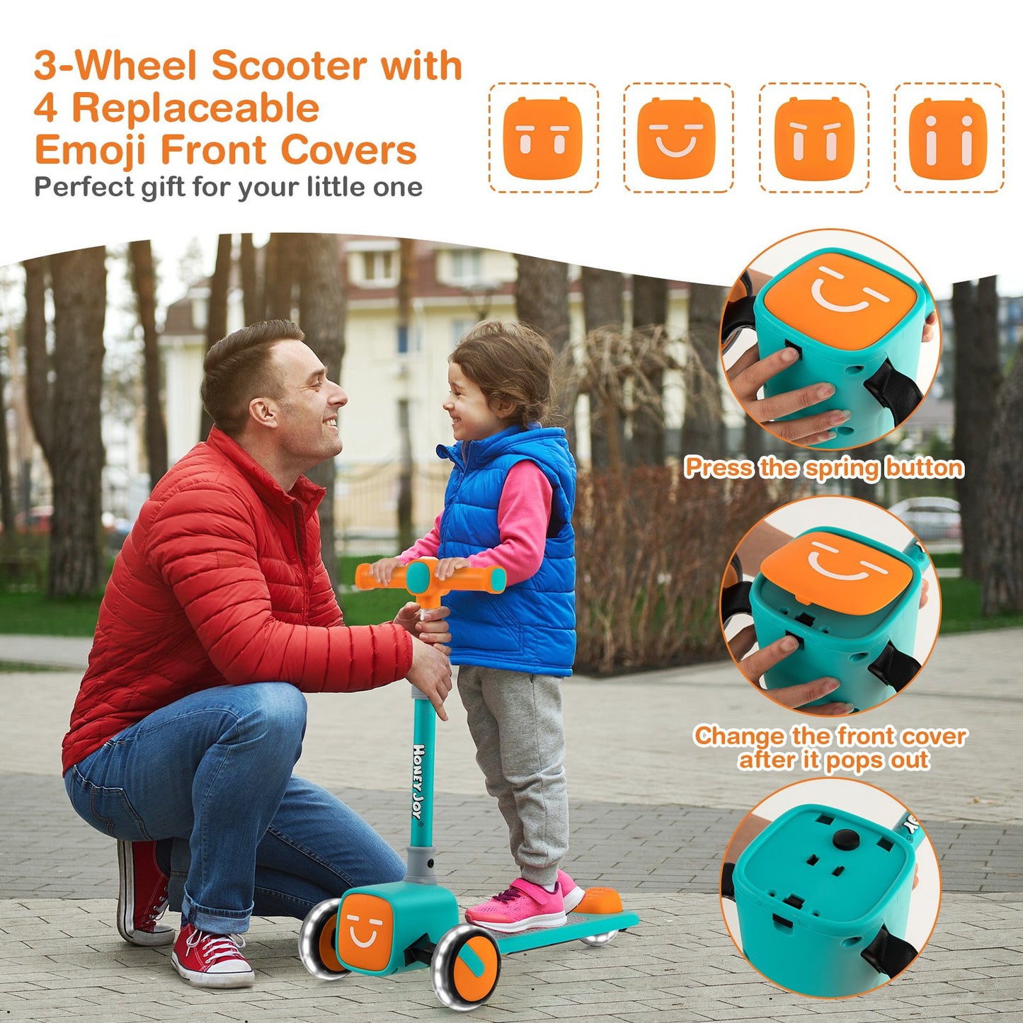 Folding Adjustable Kids Toy Scooter with LED Flashing Wheels Horn 4 Emoji Covers, Green Scooters   at Gallery Canada