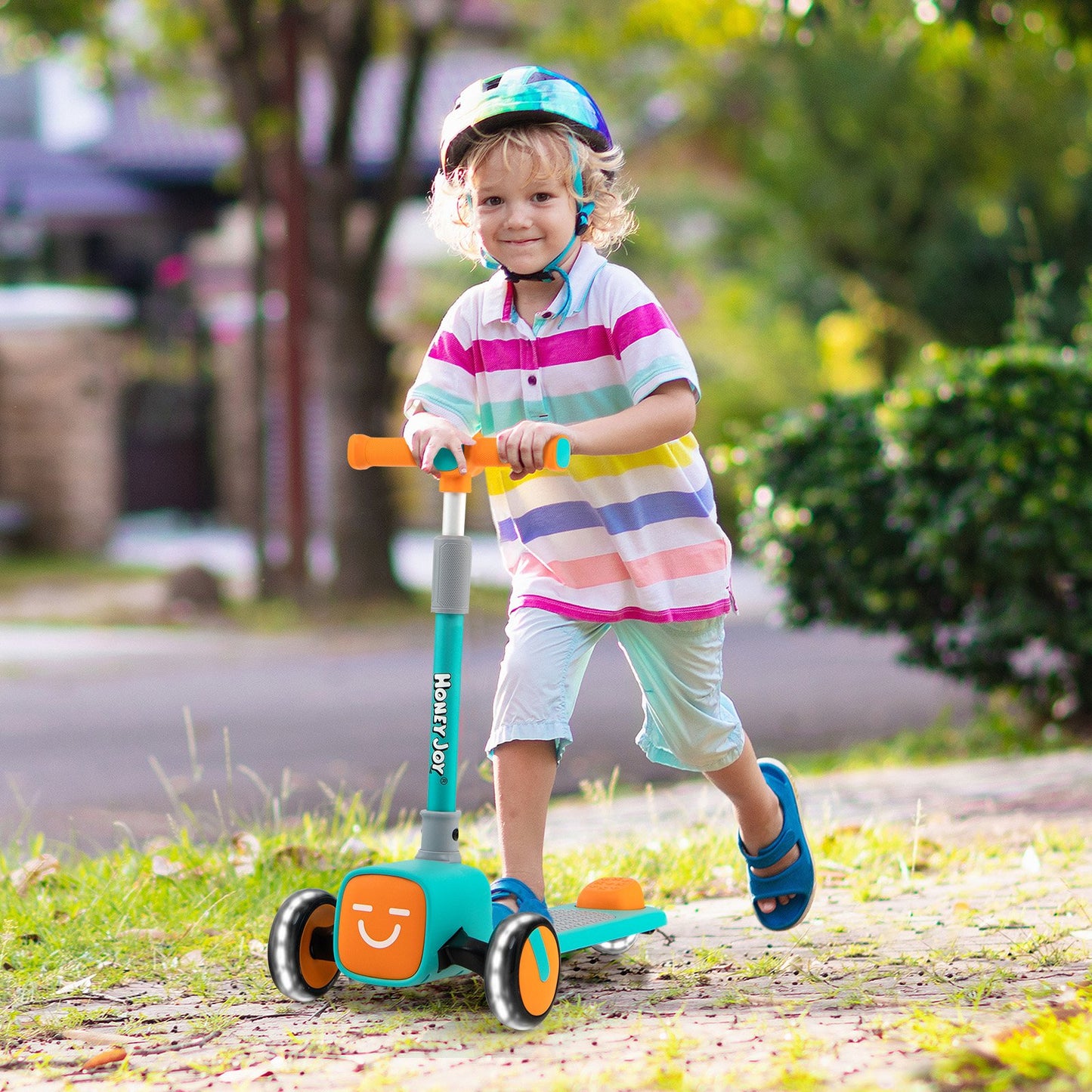 Folding Adjustable Kids Toy Scooter with LED Flashing Wheels Horn 4 Emoji Covers, Green - Gallery Canada