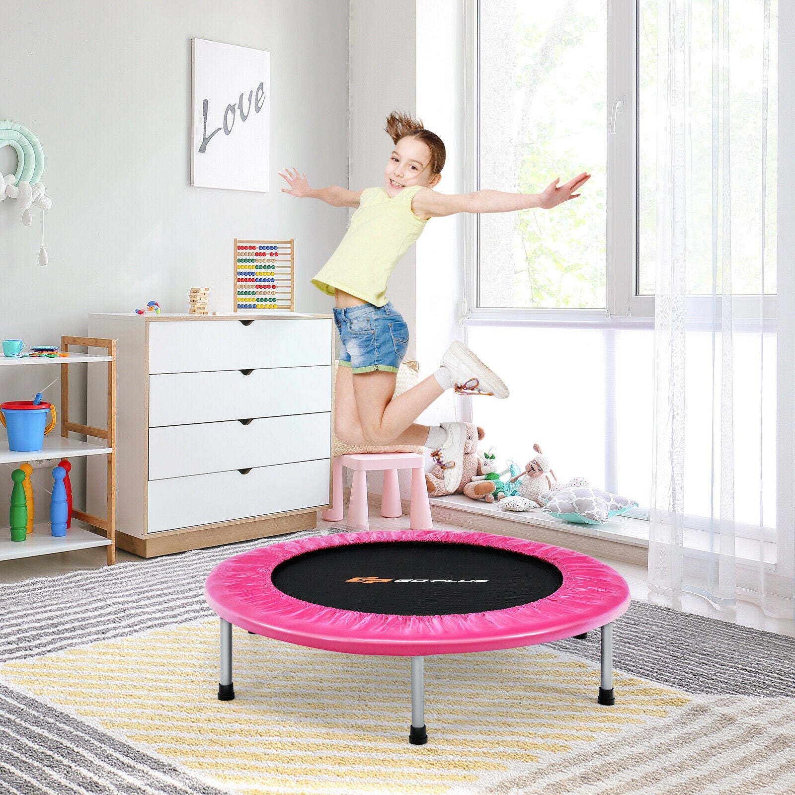 38 Inch Mini Folding Trampoline Portable Leisure Fitness Backboard, Pink Trampolines at Gallery Canada