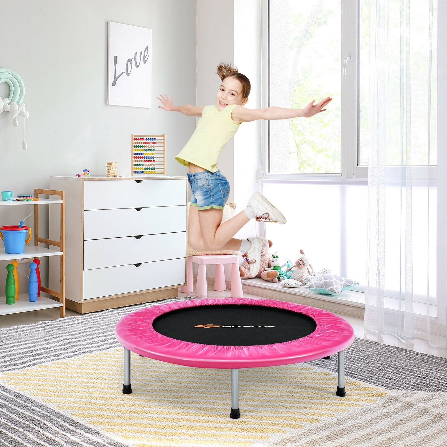 38 Inch Mini Folding Trampoline Portable Leisure Fitness Backboard, Pink Trampolines   at Gallery Canada