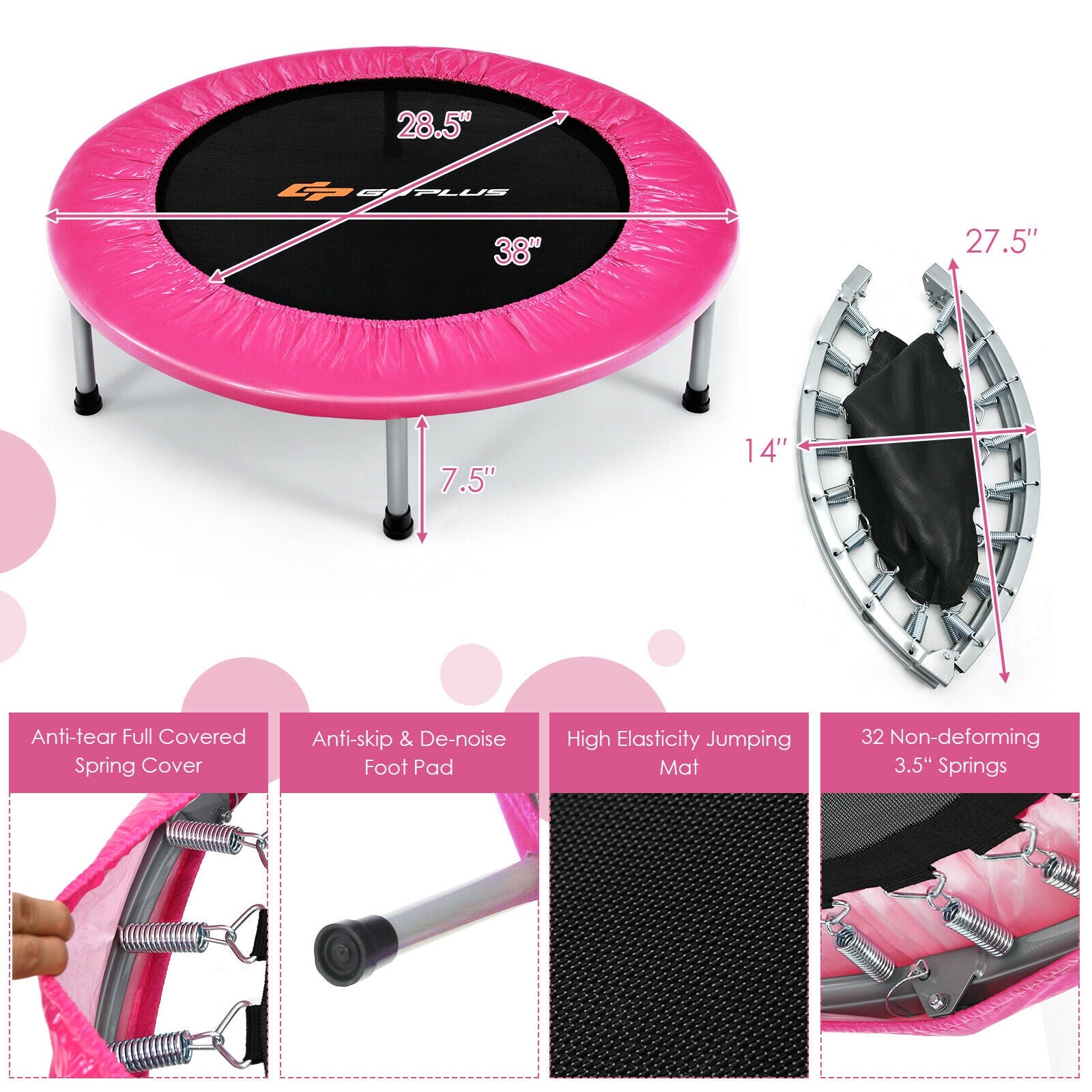 38 Inch Mini Folding Trampoline Portable Leisure Fitness Backboard, Pink Trampolines at Gallery Canada