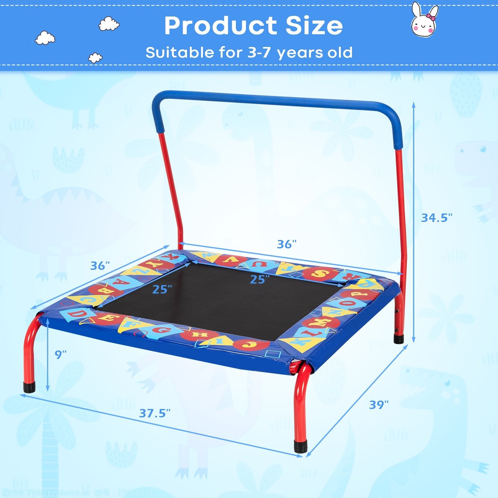 36 Inch Kids Indoor Outdoor Square Trampoline with Foamed Handrail, Blue Trampolines   at Gallery Canada