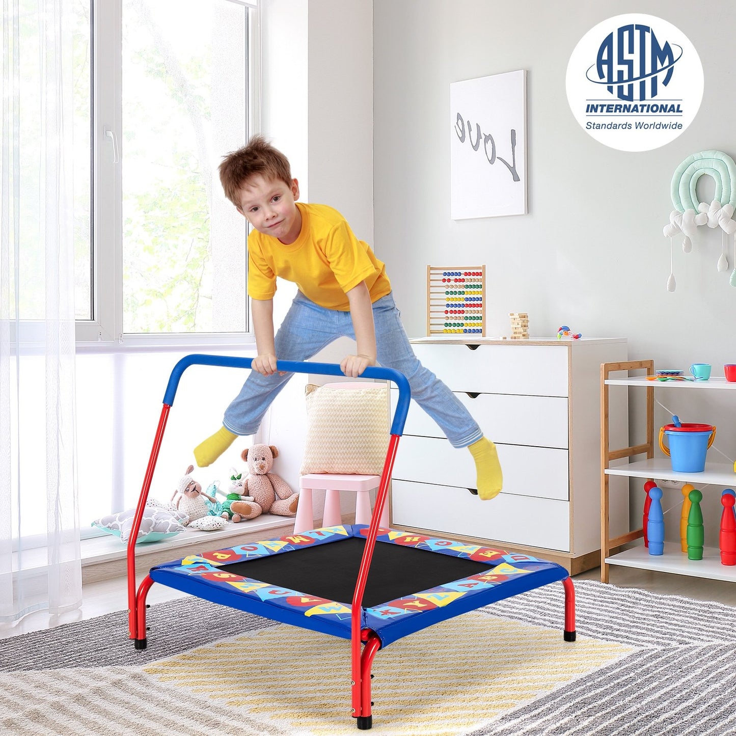 36 Inch Kids Indoor Outdoor Square Trampoline with Foamed Handrail, Blue Trampolines   at Gallery Canada