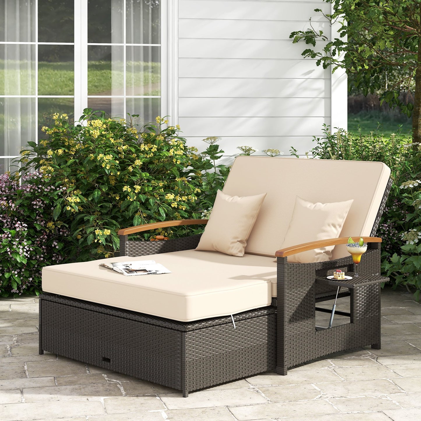 Outdoor Wicker Daybed with Folding Panels and Storage Ottoman, Beige Outdoor Seating & Patio Chairs   at Gallery Canada