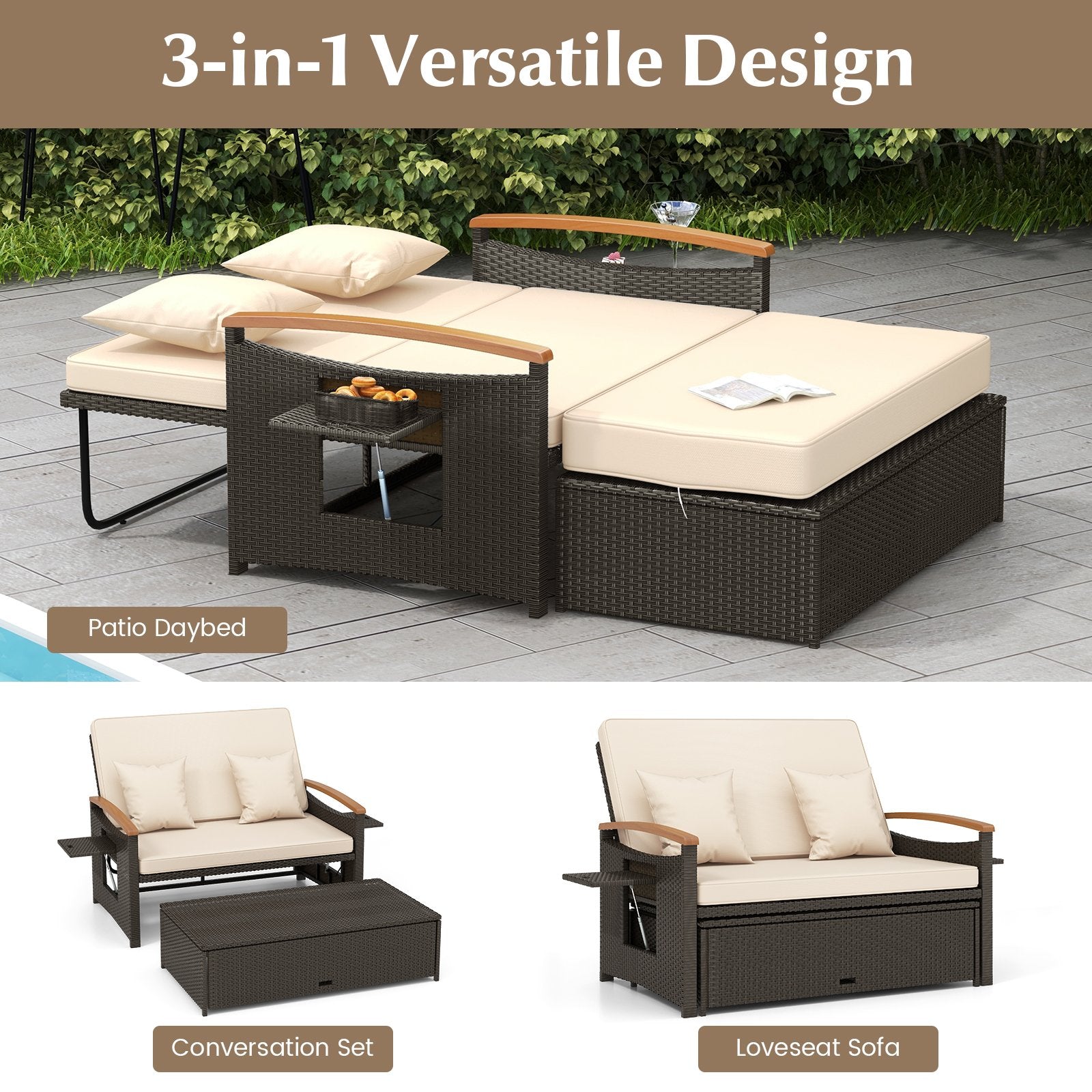 Outdoor Wicker Daybed with Folding Panels and Storage Ottoman, Beige Outdoor Seating & Patio Chairs   at Gallery Canada