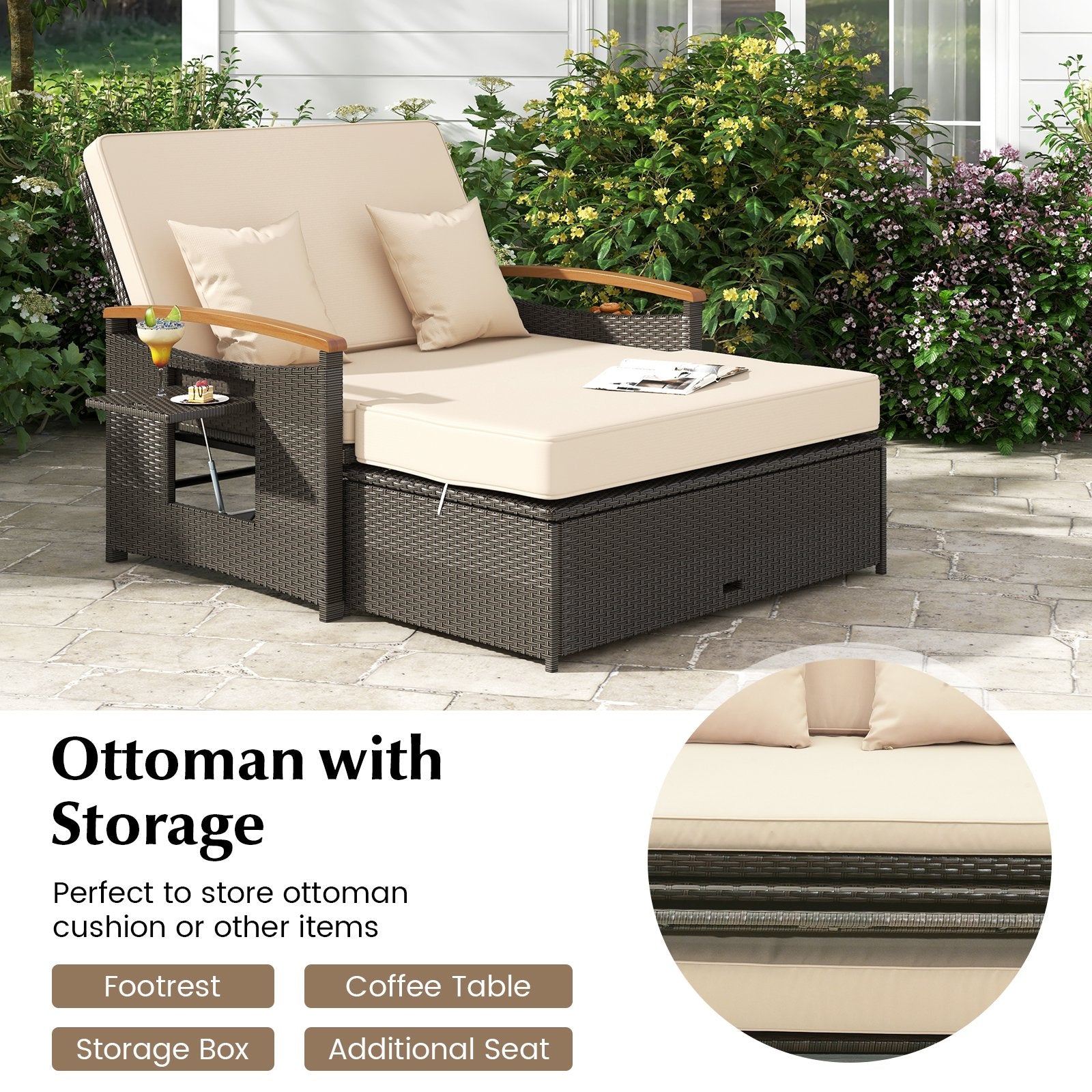 Outdoor Wicker Daybed with Folding Panels and Storage Ottoman, Beige Outdoor Seating & Patio Chairs   at Gallery Canada