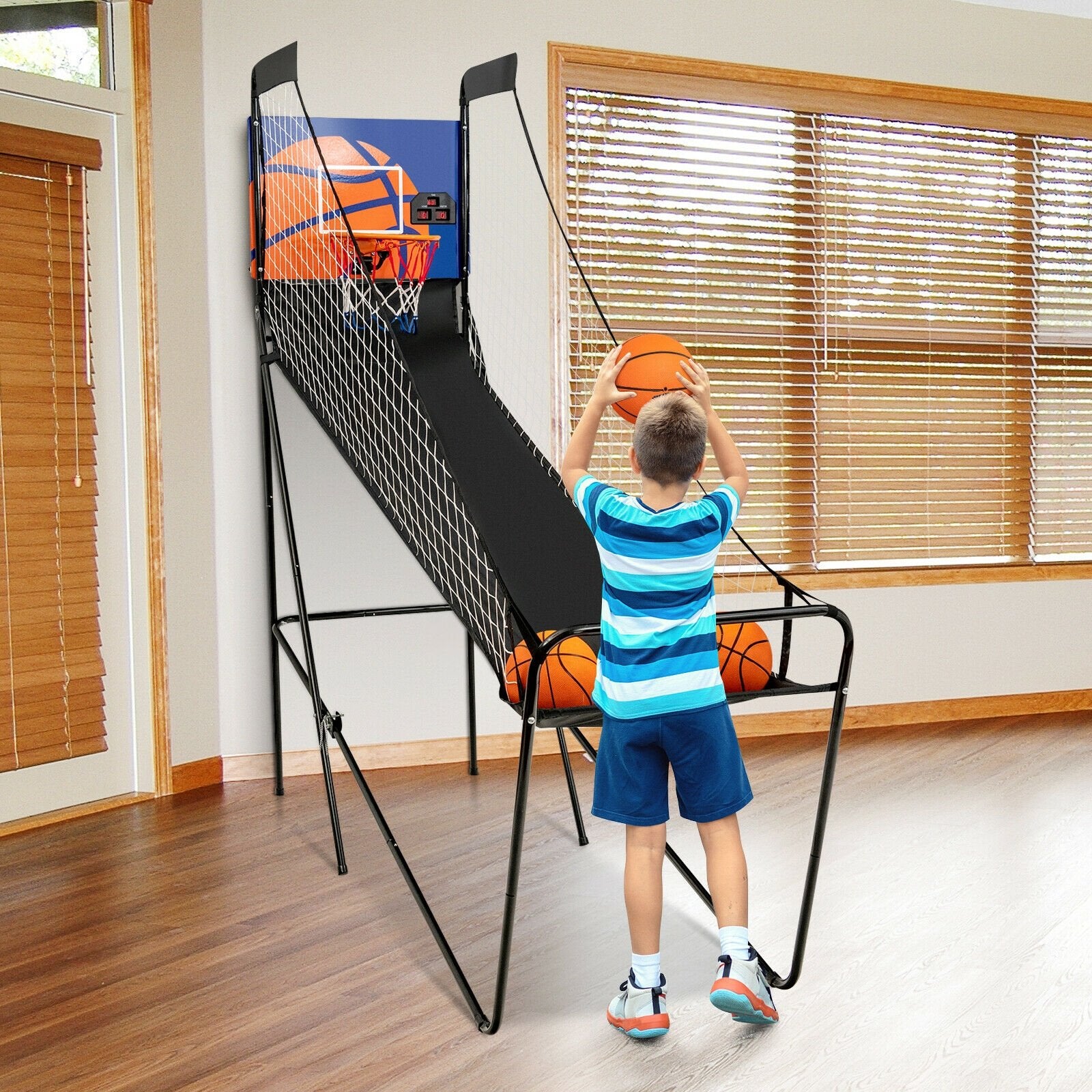 Foldable Single Shot Basketball Arcade Game with Electronic Scorer and Basketballs, Black Game Room   at Gallery Canada