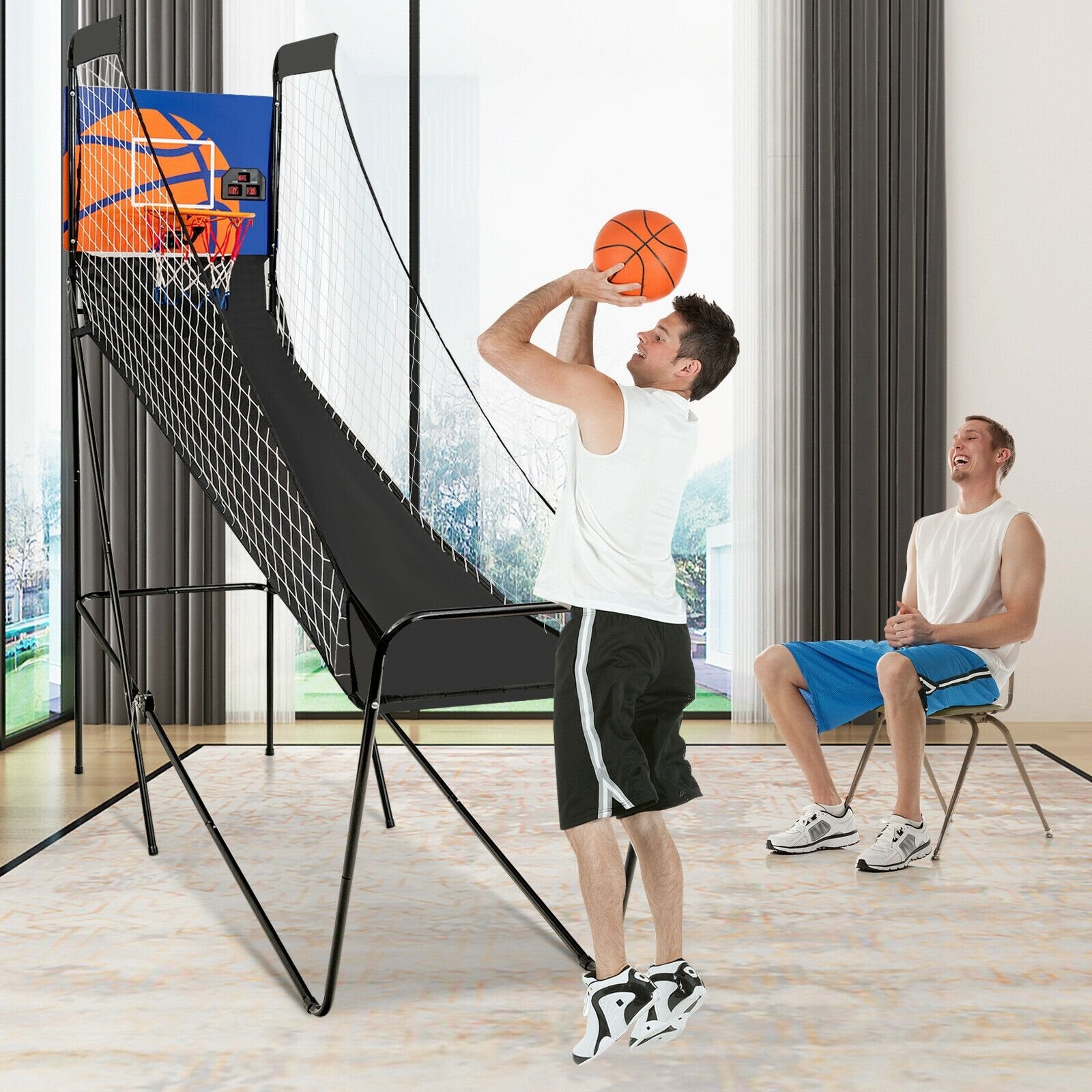 Foldable Single Shot Basketball Arcade Game with Electronic Scorer and Basketballs, Black Game Room   at Gallery Canada