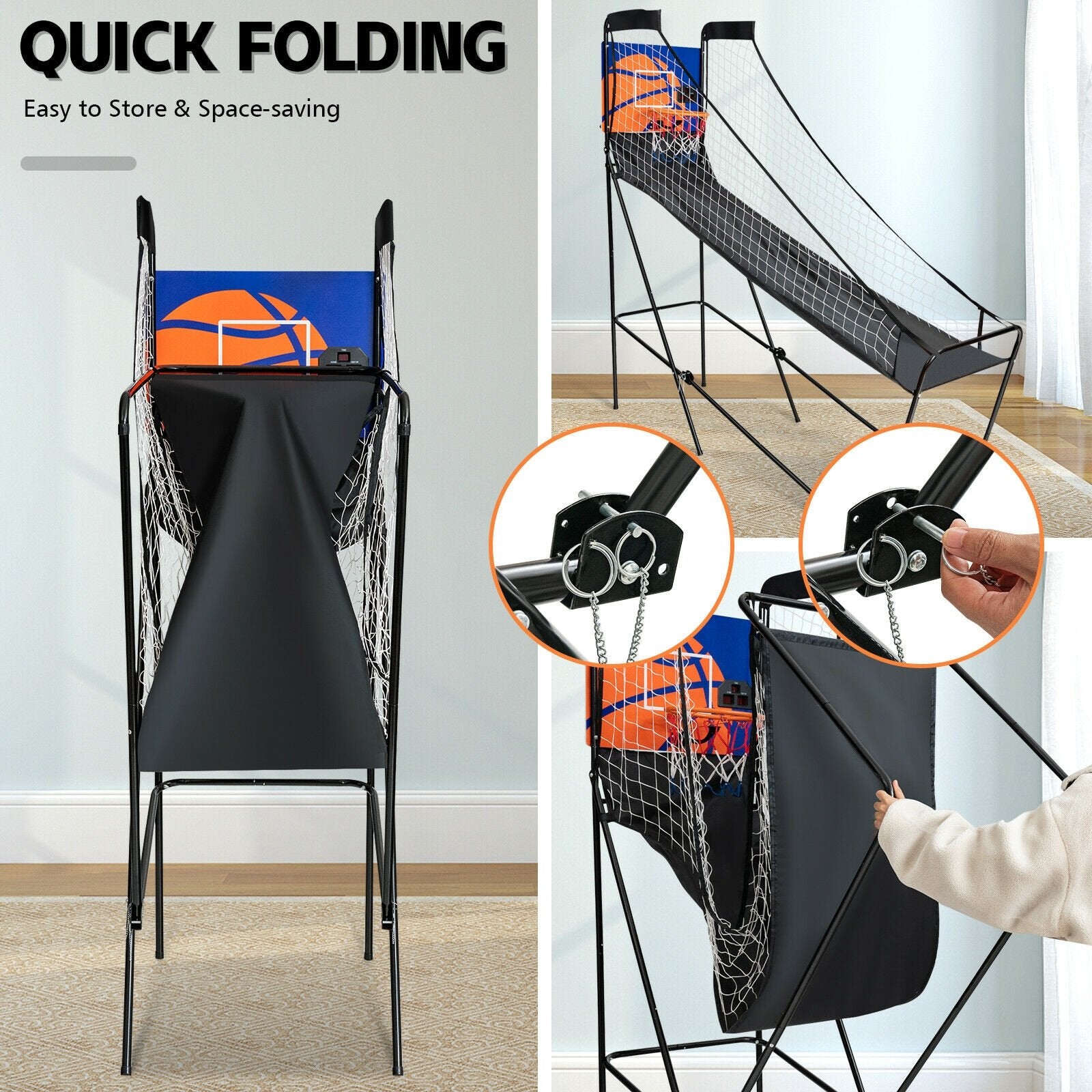 Foldable Single Shot Basketball Arcade Game with Electronic Scorer and Basketballs, Black Game Room   at Gallery Canada