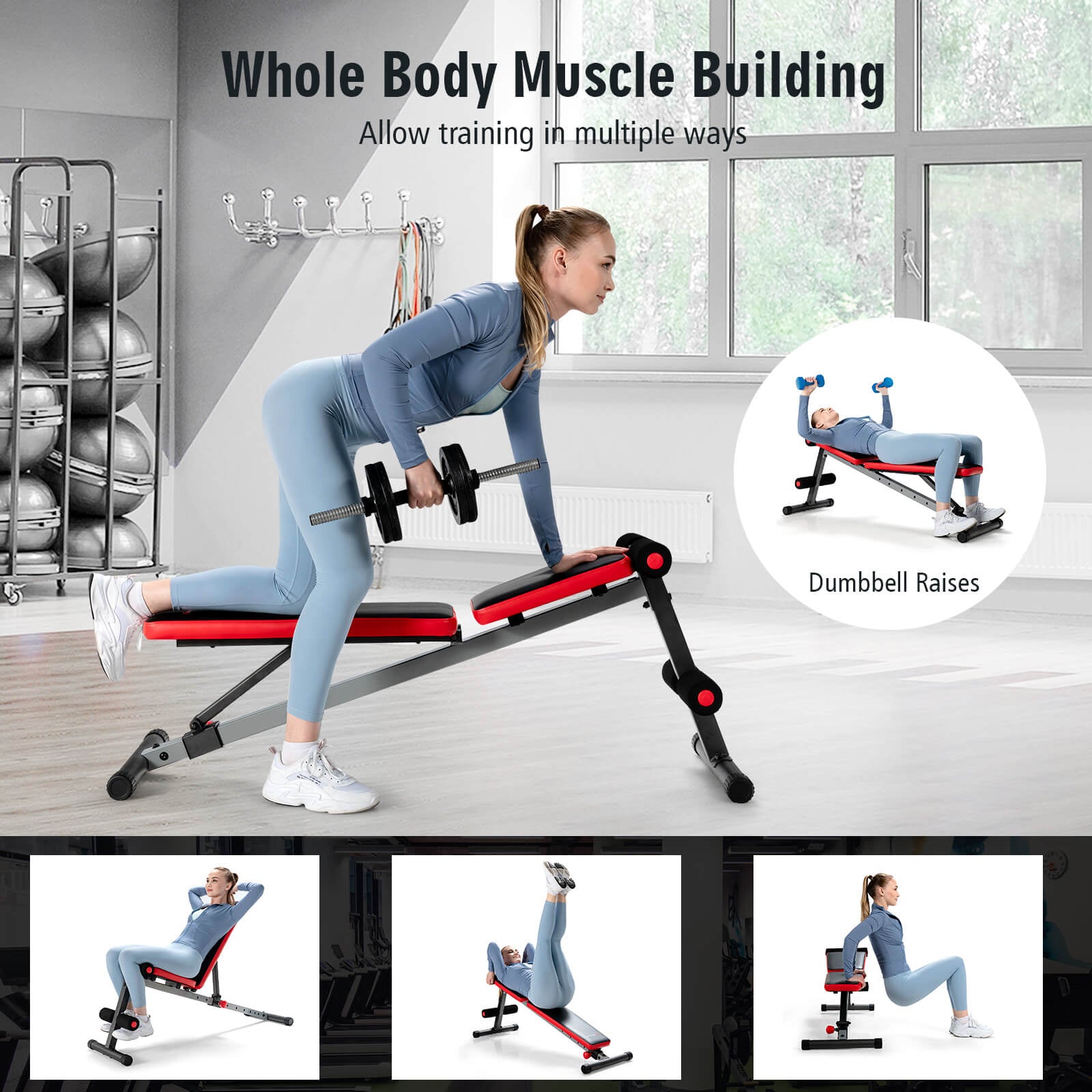 Multi-function Weight Bench with Adjustable Backrest, Black & Red Benches Racks & Bars at Gallery Canada