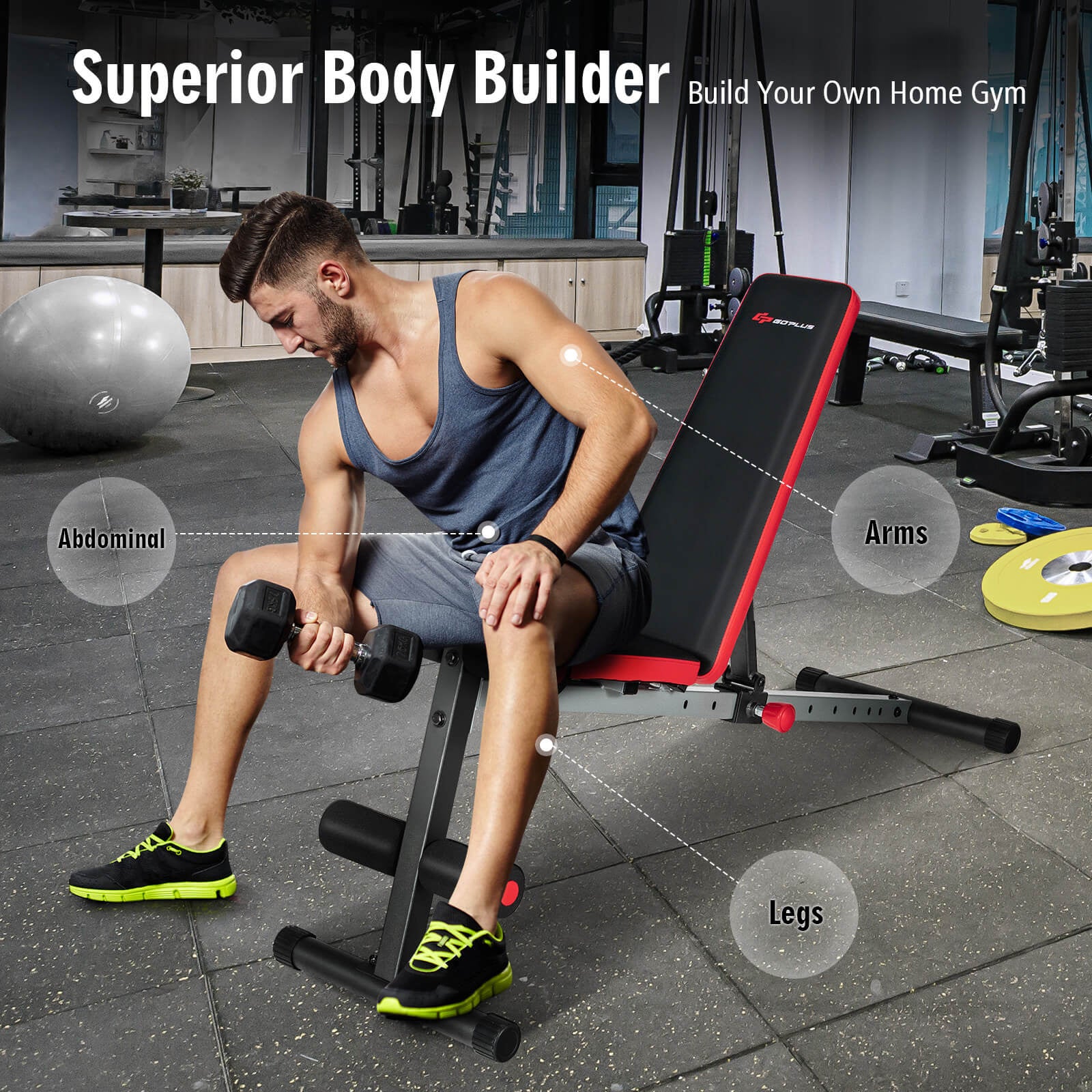 Multi-function Weight Bench with Adjustable Backrest, Black & Red Benches Racks & Bars at Gallery Canada