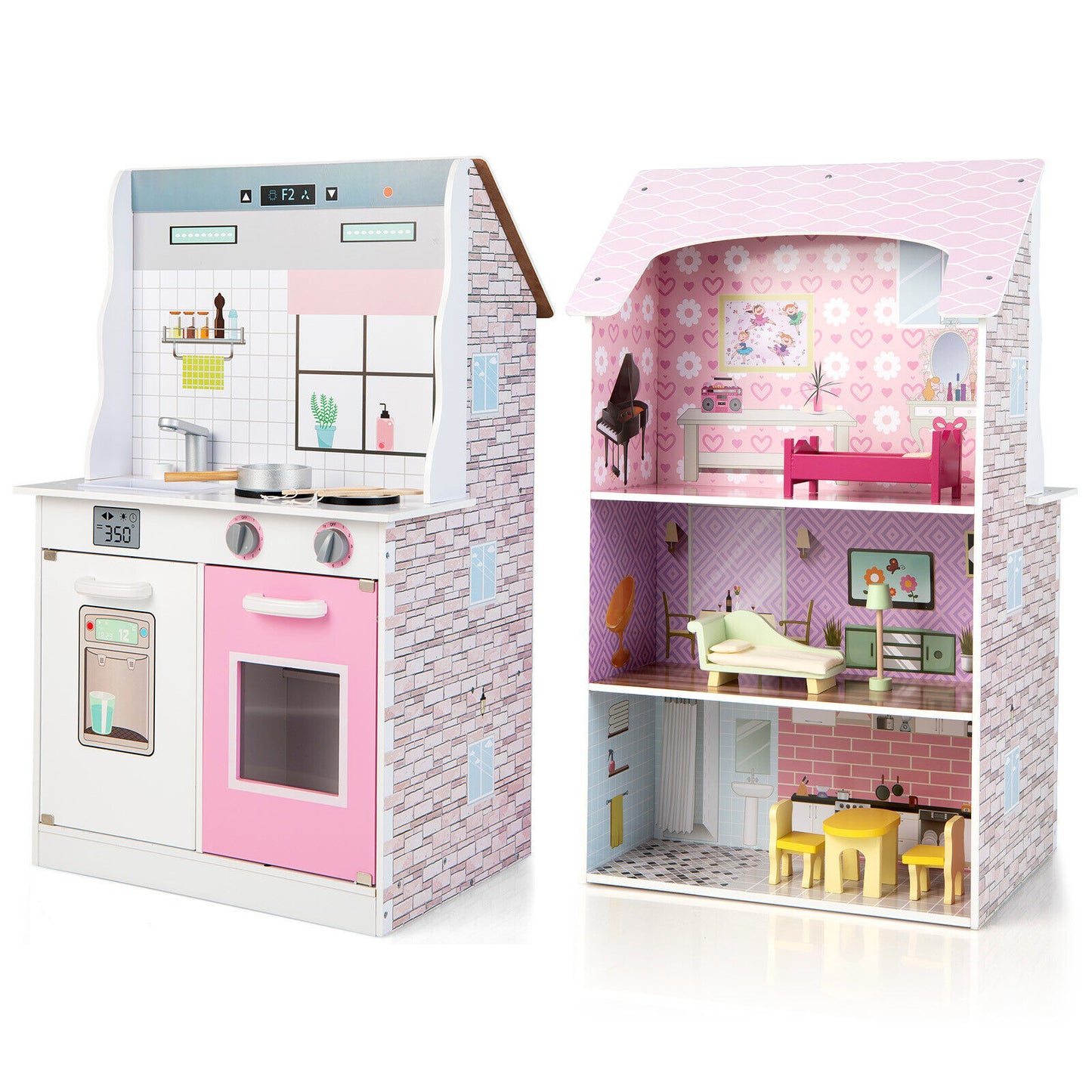 2-In-1 Kids Kitchen Playset and Dollhouse with Accessories, Pink - Gallery Canada