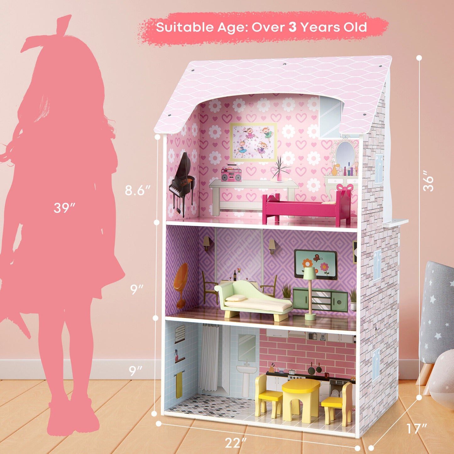 2-In-1 Kids Kitchen Playset and Dollhouse with Accessories, Pink - Gallery Canada