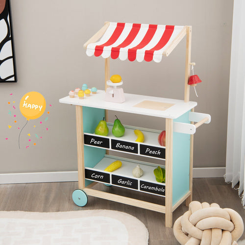 Kids Wooden Ice Cream Cart with Chalkboard and Storage, Multicolor