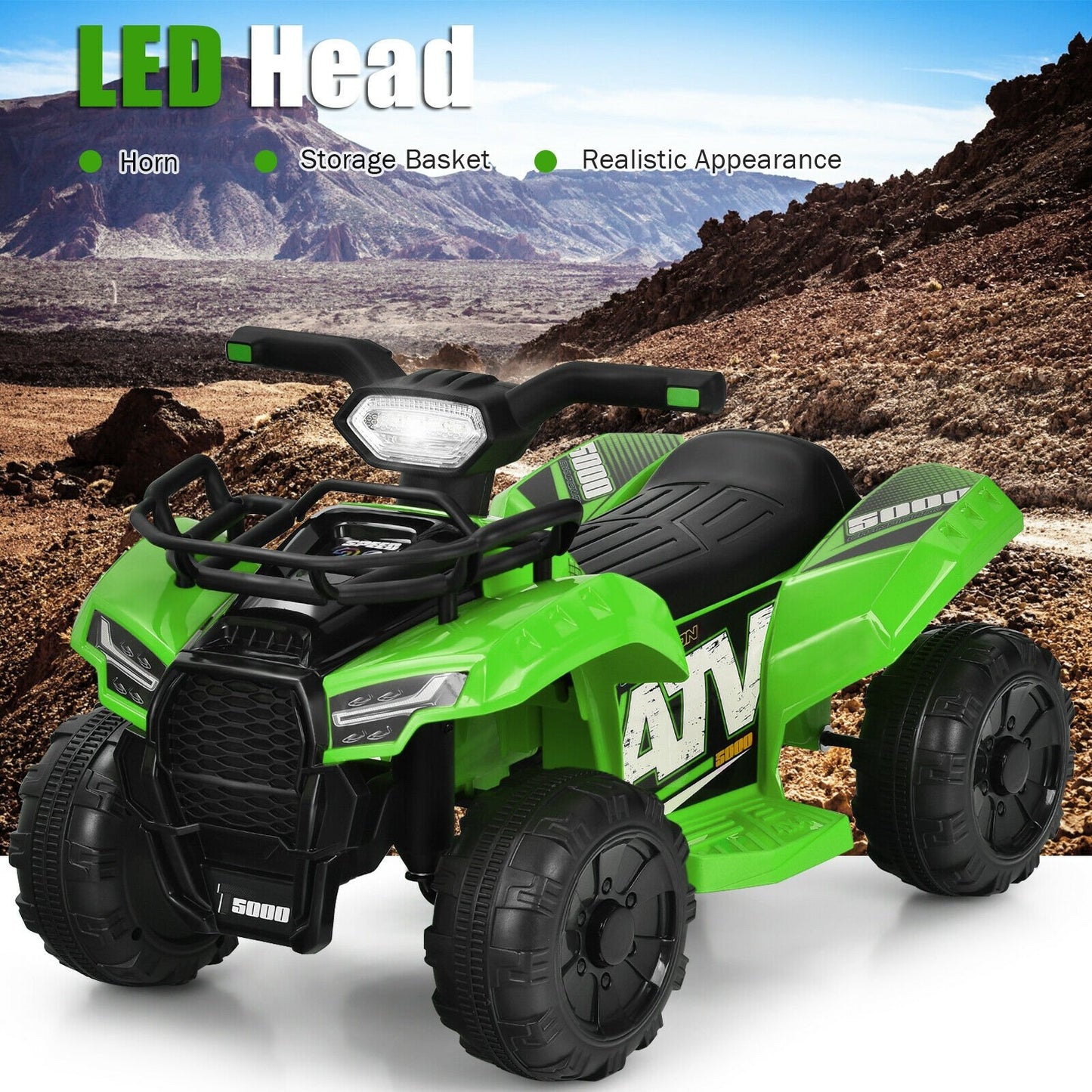 6V Kids ATV Quad Electric Ride On Car with LED Light and MP3, Green Powered Ride On Toys   at Gallery Canada