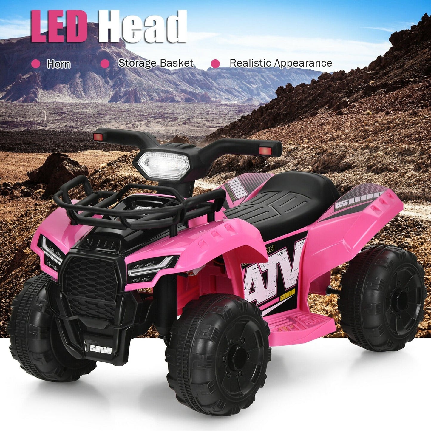 6V Kids ATV Quad Electric Ride On Car with LED Light and MP3, Pink Powered Ride On Toys   at Gallery Canada