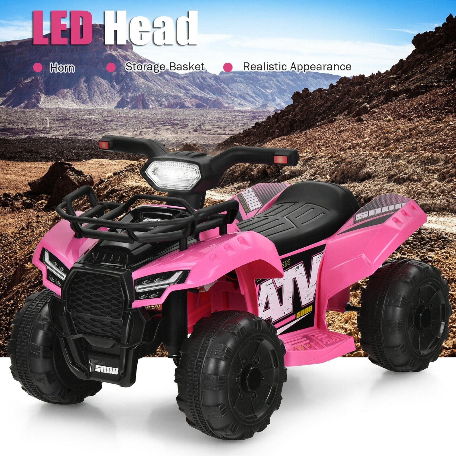 6V Kids ATV Quad Electric Ride On Car with LED Light and MP3, Pink - Gallery Canada