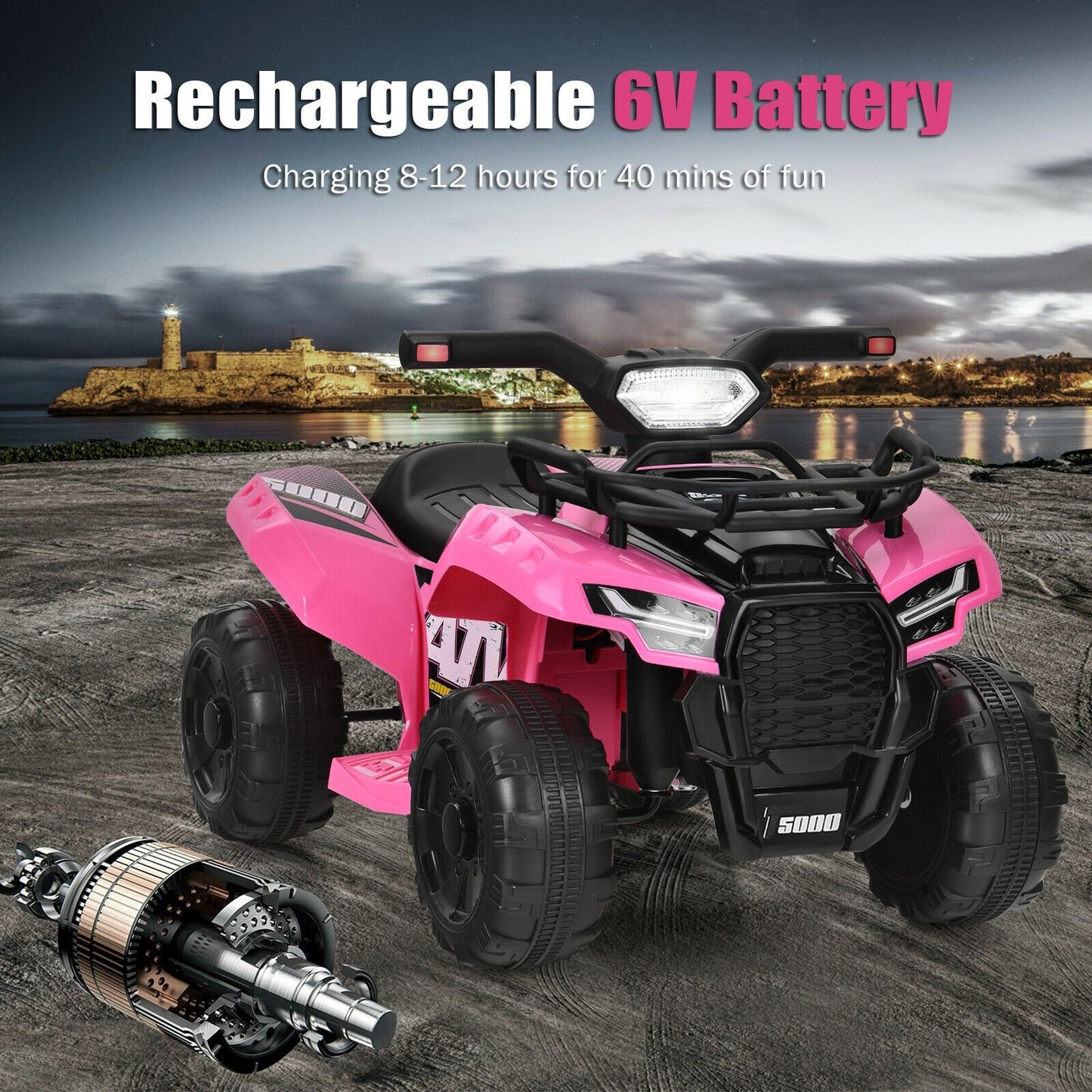 6V Kids ATV Quad Electric Ride On Car with LED Light and MP3, Pink - Gallery Canada