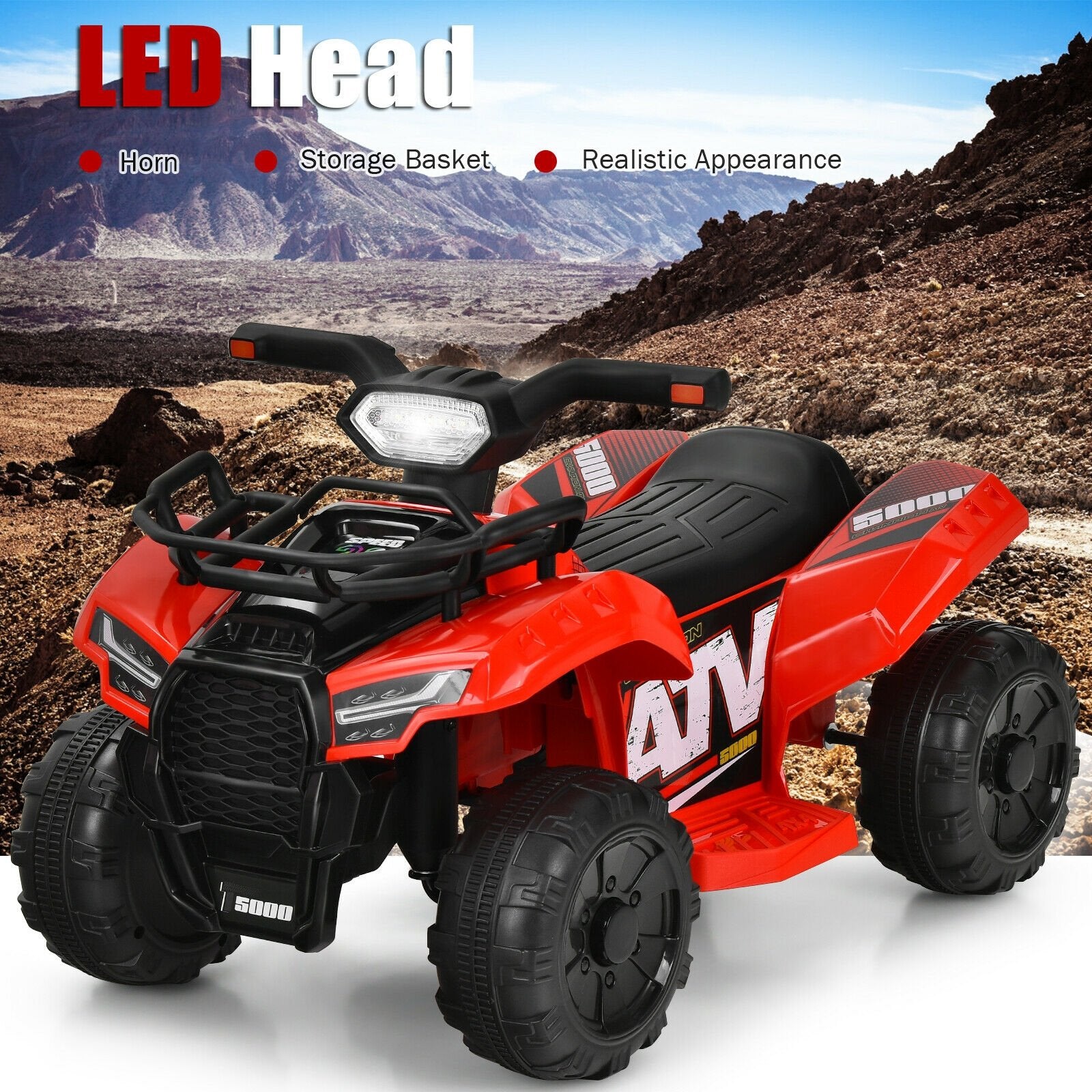 6V Kids ATV Quad Electric Ride On Car with LED Light and MP3, Red Powered Ride On Toys   at Gallery Canada