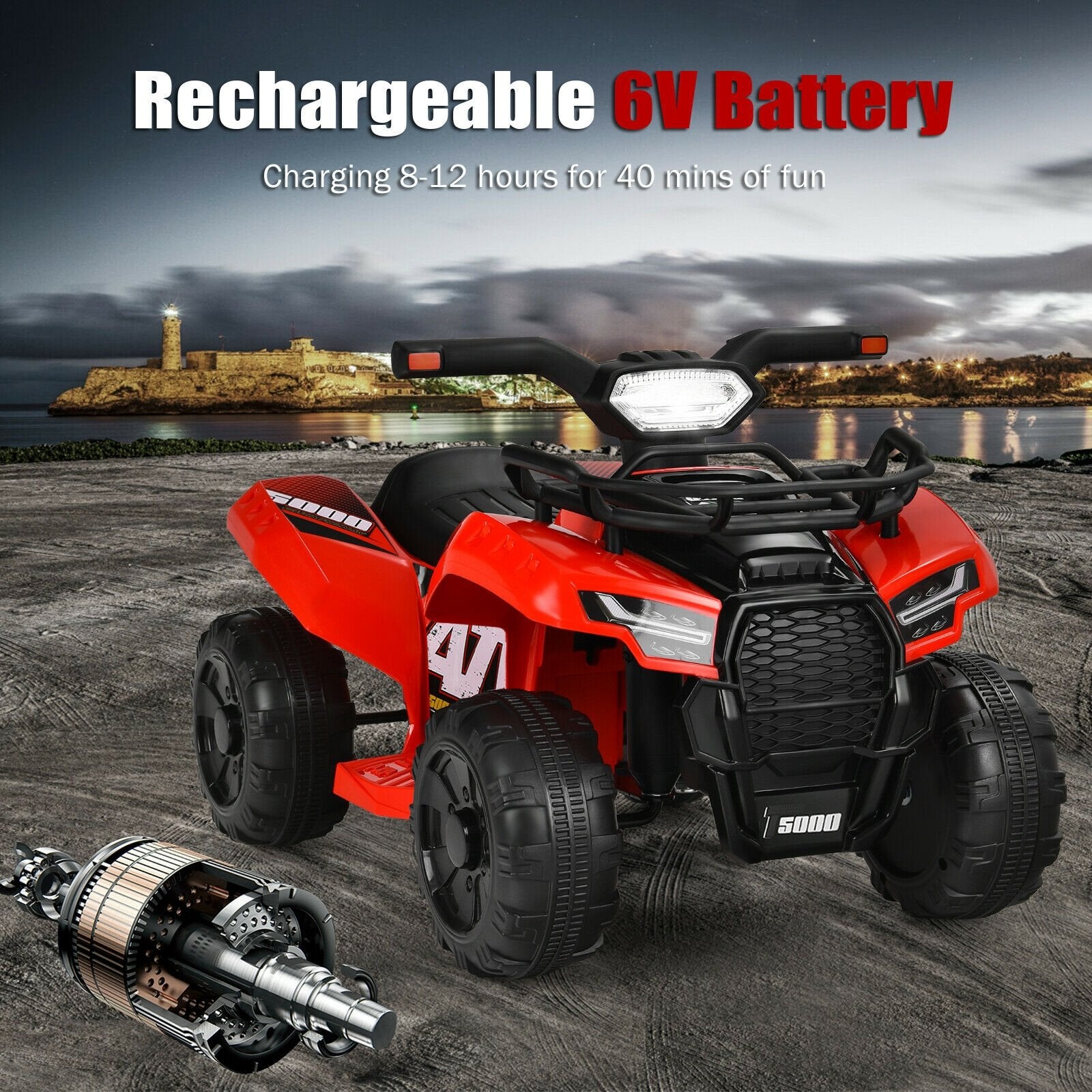 6V Kids ATV Quad Electric Ride On Car with LED Light and MP3, Red Powered Ride On Toys   at Gallery Canada