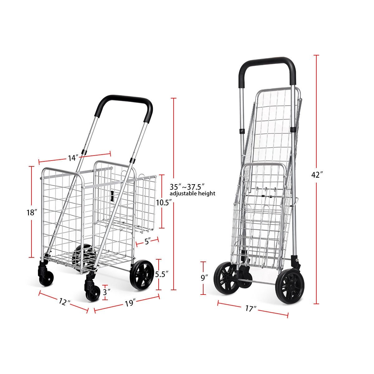 Folding Shopping Cart Basket Rolling Trolley with Adjustable Handle, Silver Kitchen Tools at Gallery Canada