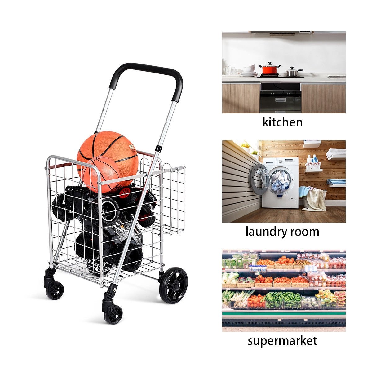 Folding Shopping Cart Basket Rolling Trolley with Adjustable Handle, Silver Kitchen Tools at Gallery Canada