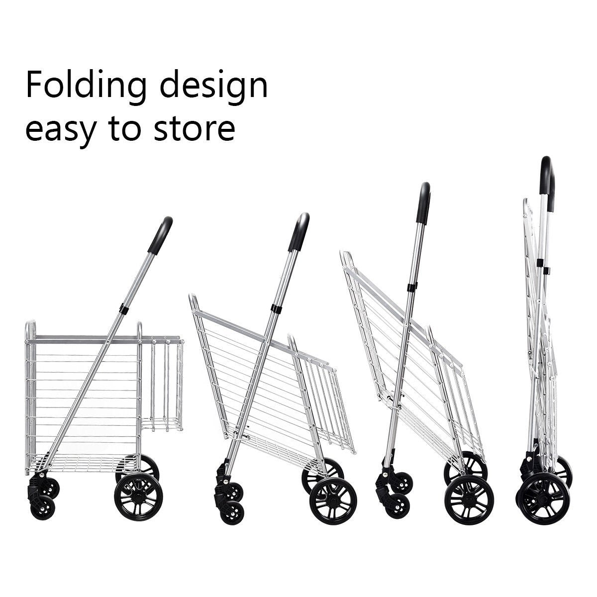 Folding Shopping Cart Basket Rolling Trolley with Adjustable Handle, Silver Kitchen Tools at Gallery Canada
