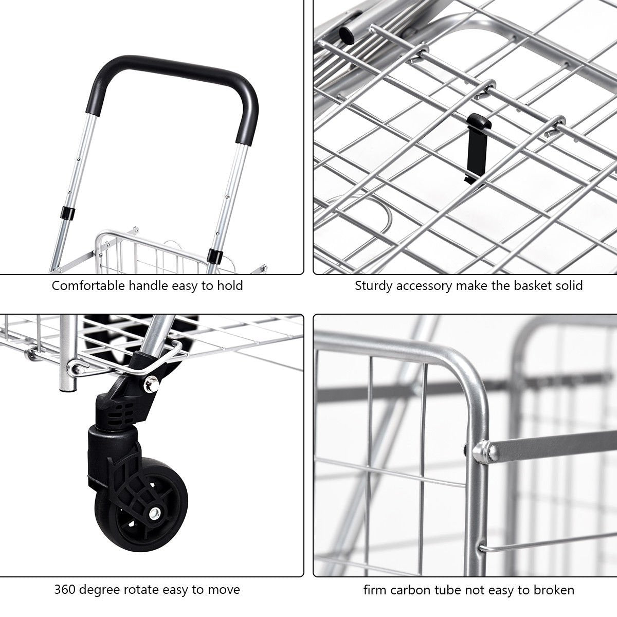 Folding Shopping Cart Basket Rolling Trolley with Adjustable Handle, Silver Kitchen Tools at Gallery Canada