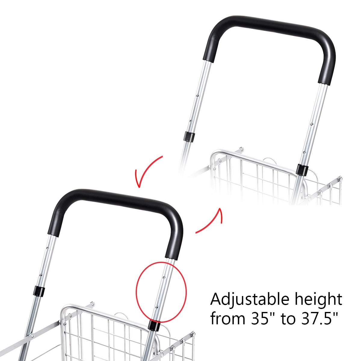 Folding Shopping Cart Basket Rolling Trolley with Adjustable Handle, Silver Kitchen Tools at Gallery Canada