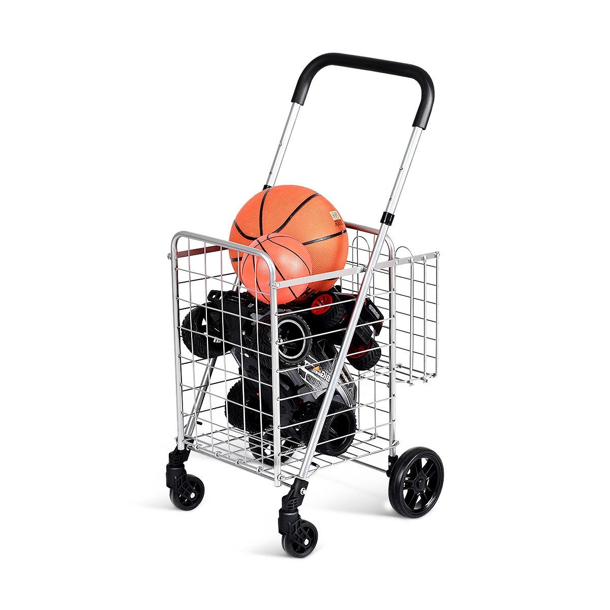 Folding Shopping Cart Basket Rolling Trolley with Adjustable Handle, Silver Kitchen Tools at Gallery Canada
