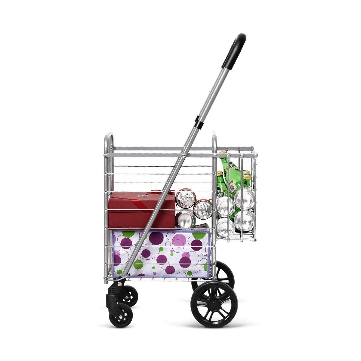 Folding Shopping Cart Basket Rolling Trolley with Adjustable Handle, Silver Kitchen Tools at Gallery Canada