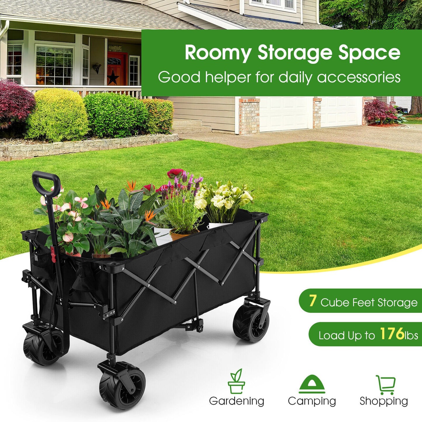 Folding Utility Garden Cart with Wide Wheels and Adjustable Handle, Black Garden Carts   at Gallery Canada