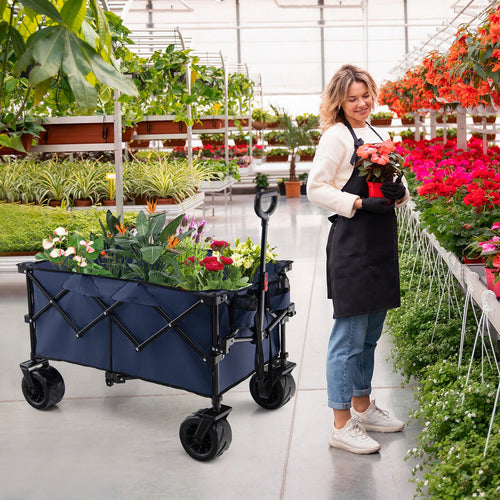 Folding Utility Garden Cart with Wide Wheels and Adjustable Handle, Blue