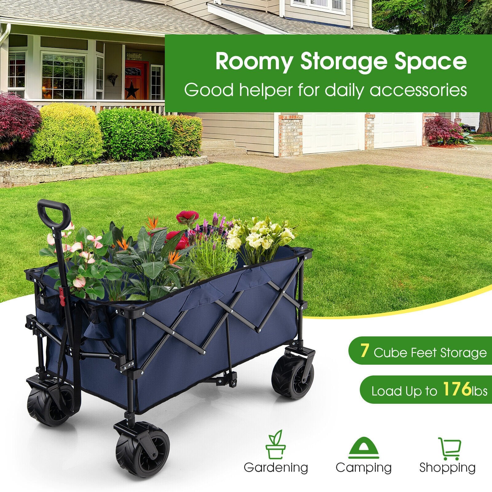 Folding Utility Garden Cart with Wide Wheels and Adjustable Handle, Blue Garden Carts   at Gallery Canada