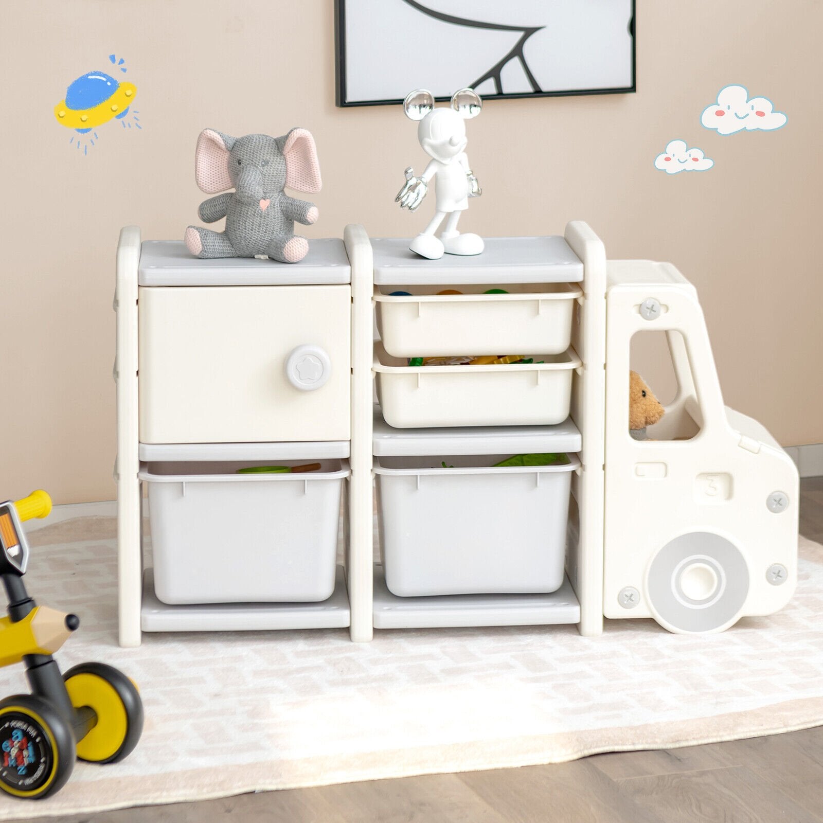 Toddler Truck Storage Organizer with Plastic Bins, Beige Kids Storage   at Gallery Canada