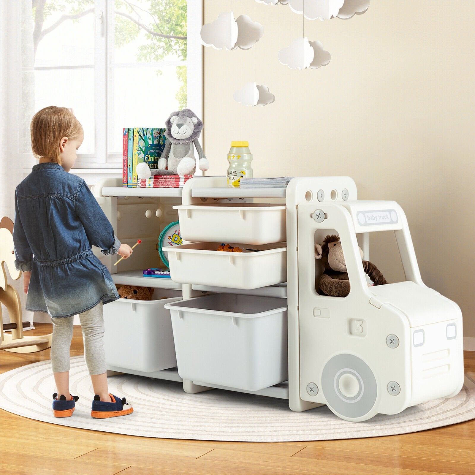 Toddler Truck Storage Organizer with Plastic Bins, Beige Kids Storage   at Gallery Canada