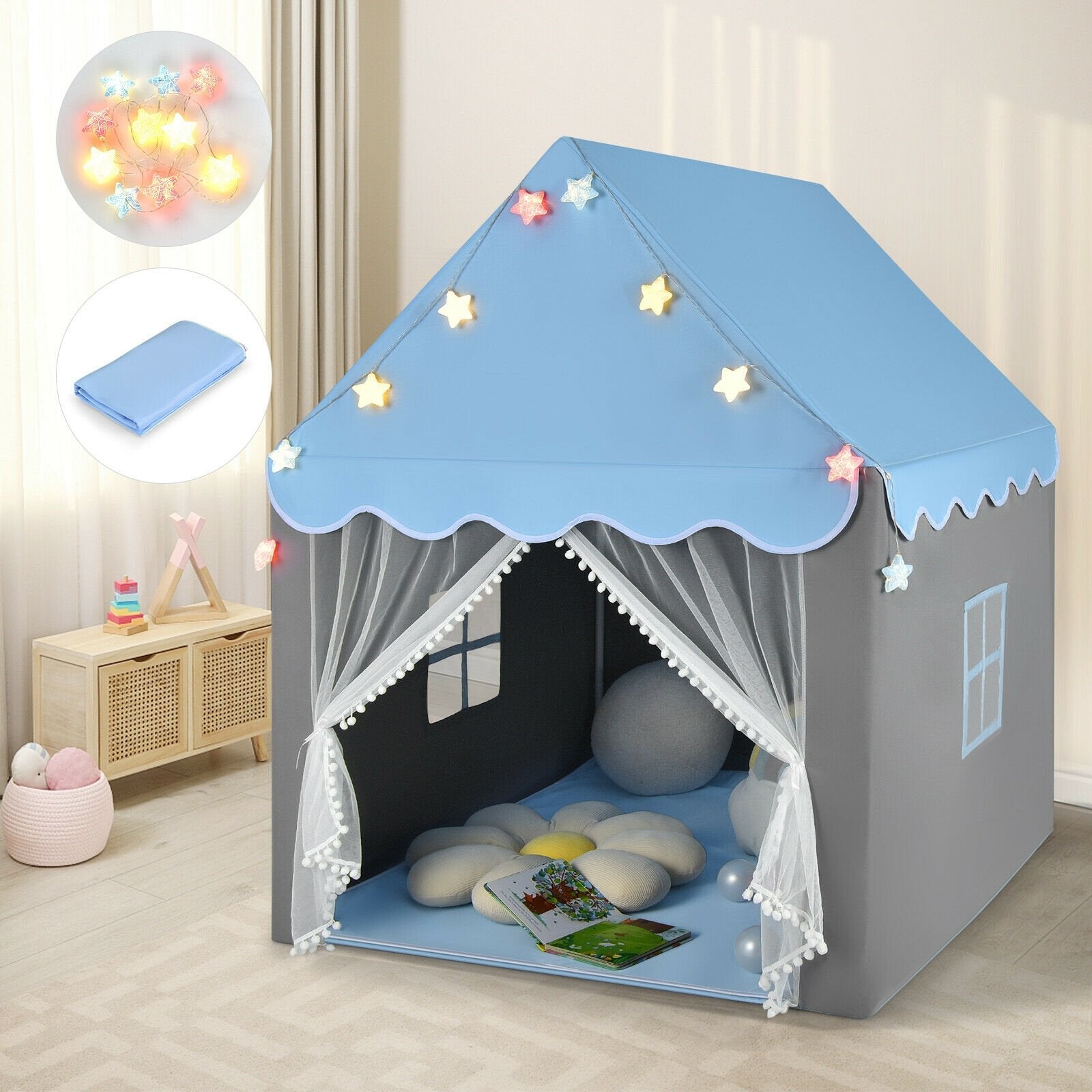 Kids Playhouse Tent with Star Lights and Mat, Blue Play Tents & Playhouse   at Gallery Canada