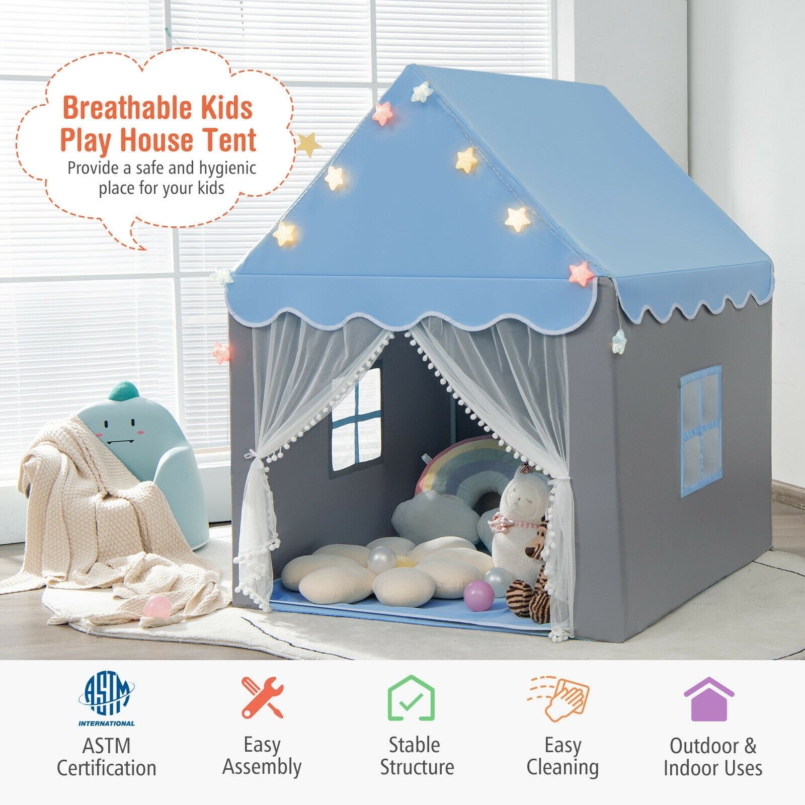 Kids Playhouse Tent with Star Lights and Mat, Blue - Gallery Canada