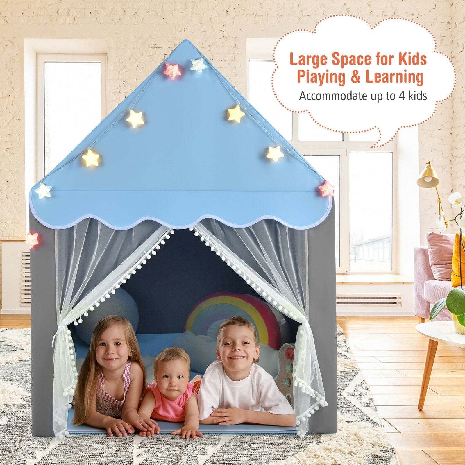 Kids Playhouse Tent with Star Lights and Mat, Blue Play Tents & Playhouse   at Gallery Canada