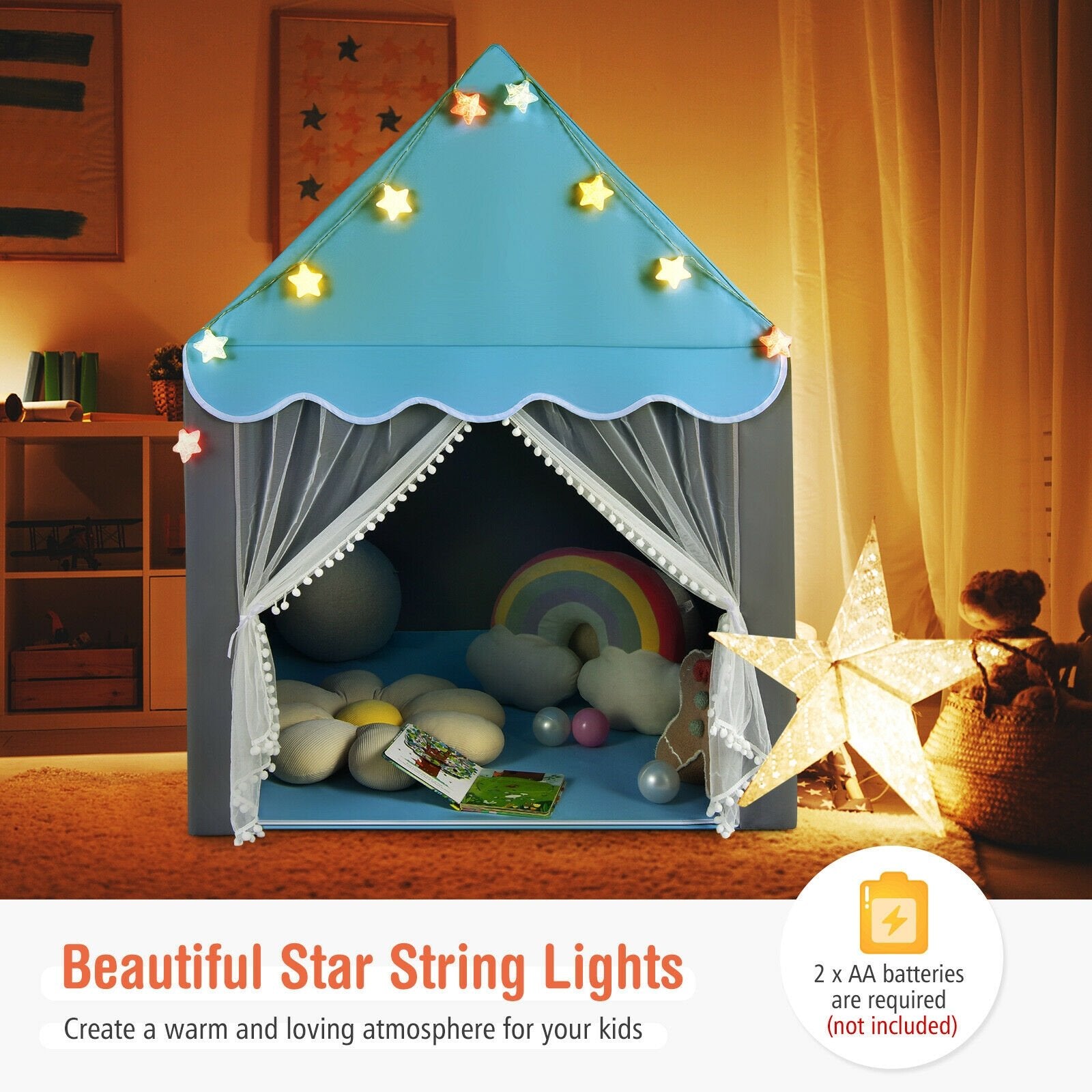 Kids Playhouse Tent with Star Lights and Mat, Blue - Gallery Canada