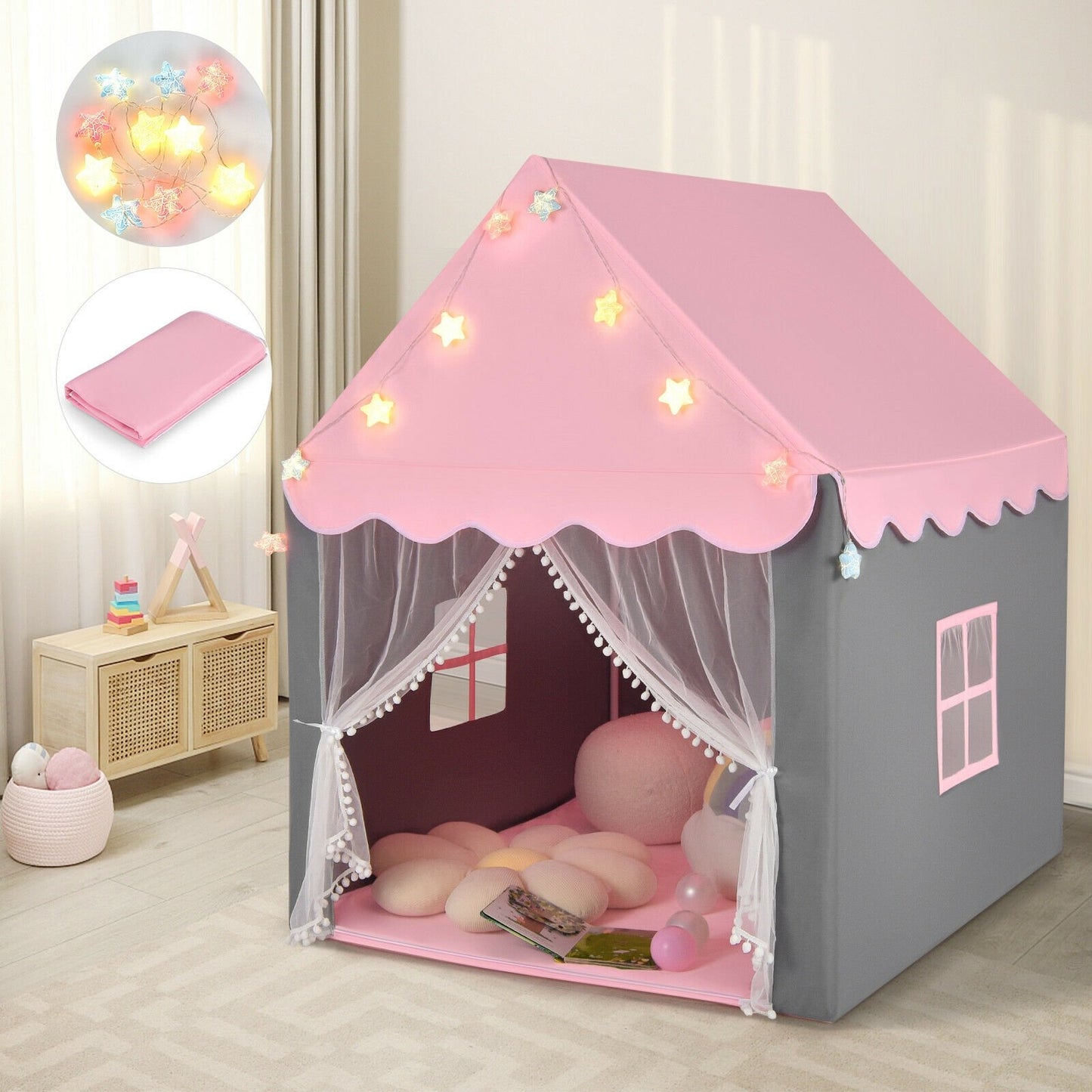 Kids Playhouse Tent with Star Lights and Mat, Pink Play Tents & Playhouse   at Gallery Canada