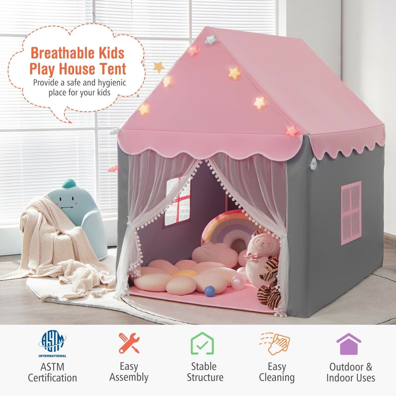 Kids Playhouse Tent with Star Lights and Mat, Pink Play Tents & Playhouse   at Gallery Canada