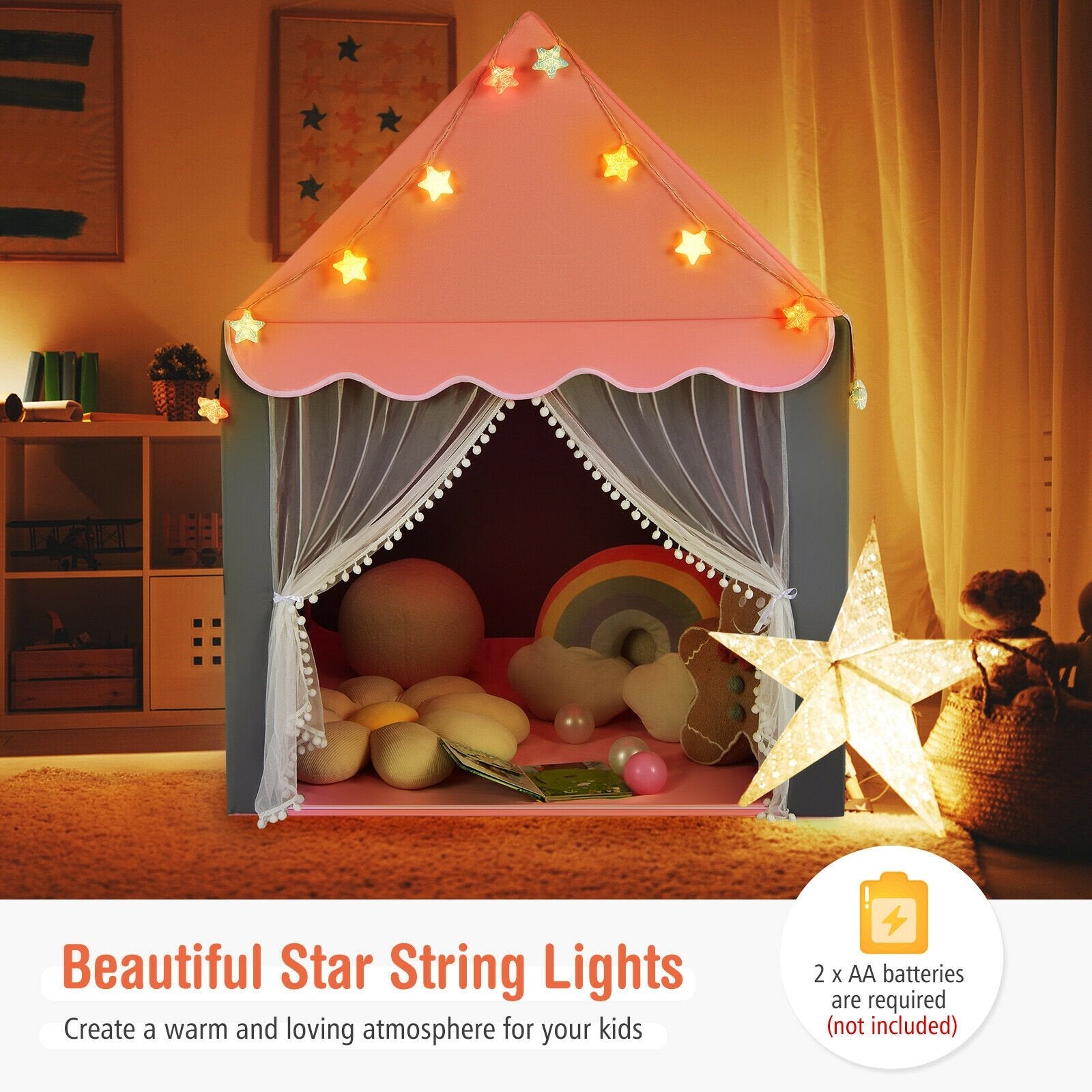 Kids Playhouse Tent with Star Lights and Mat, Pink Play Tents & Playhouse   at Gallery Canada